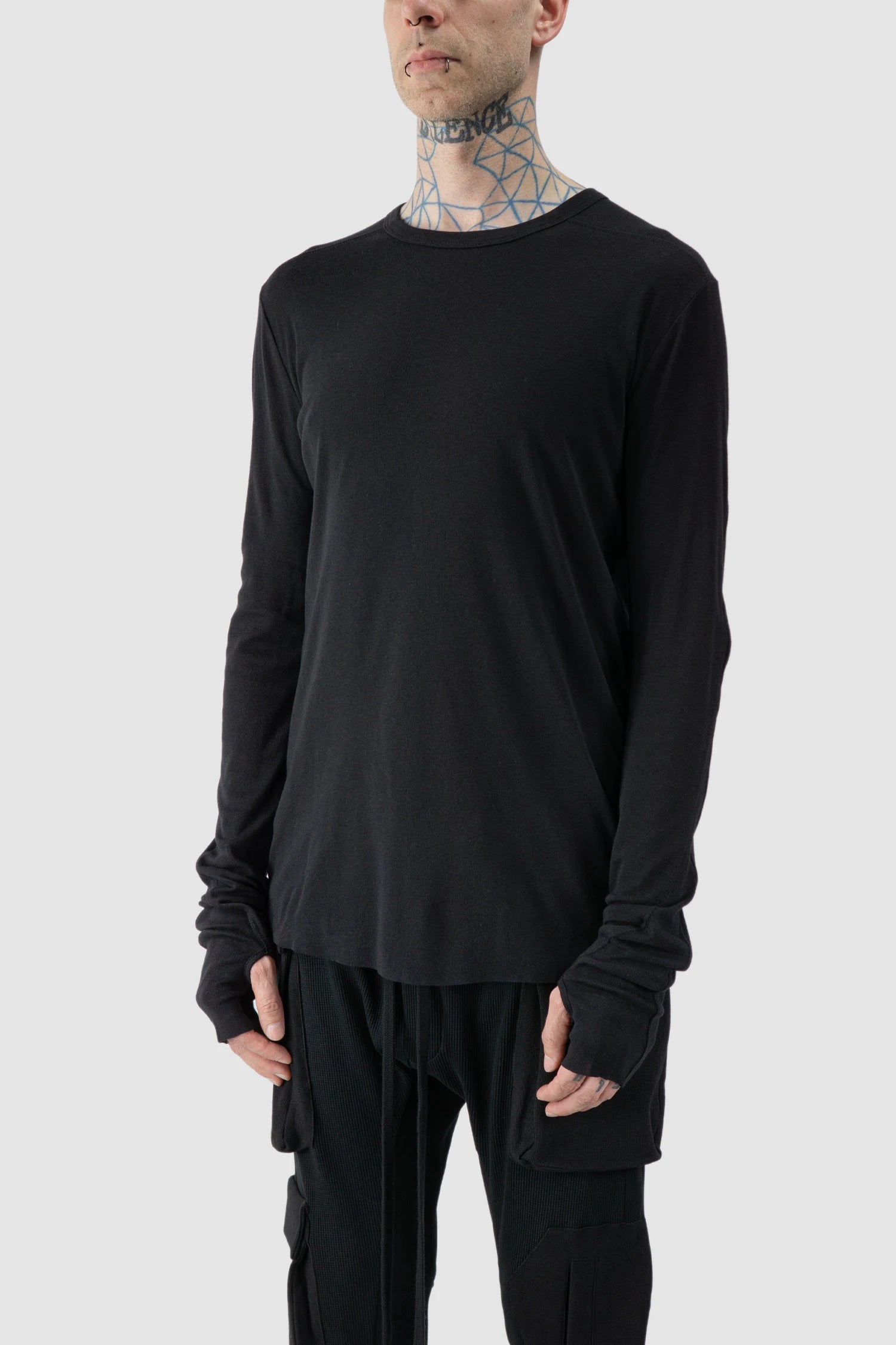Thom Krom - front side view of black Cotton Wool Long Sleeve T-Shirt - M-TS-904