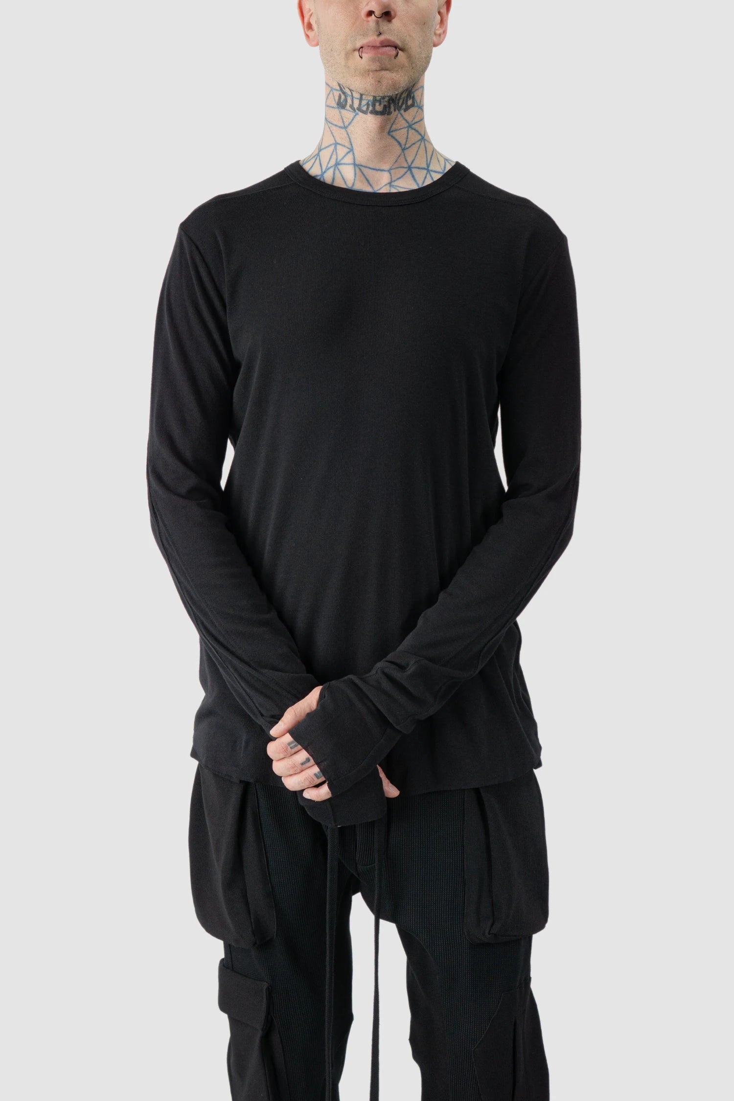 Thom Krom - front relaxed view of black Cotton Wool Long Sleeve T-Shirt - M-TS-904