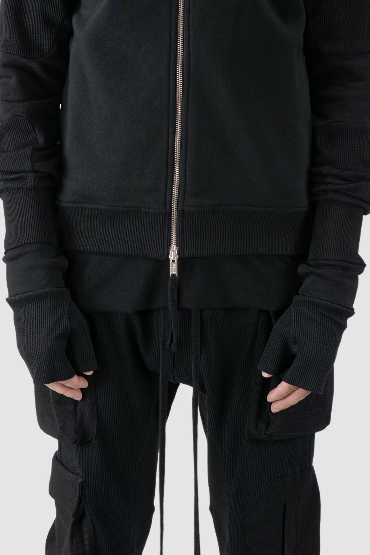Thom Krom - model front detail view of black Cutted Structured Cotton Gloves - GLOVES-M-52