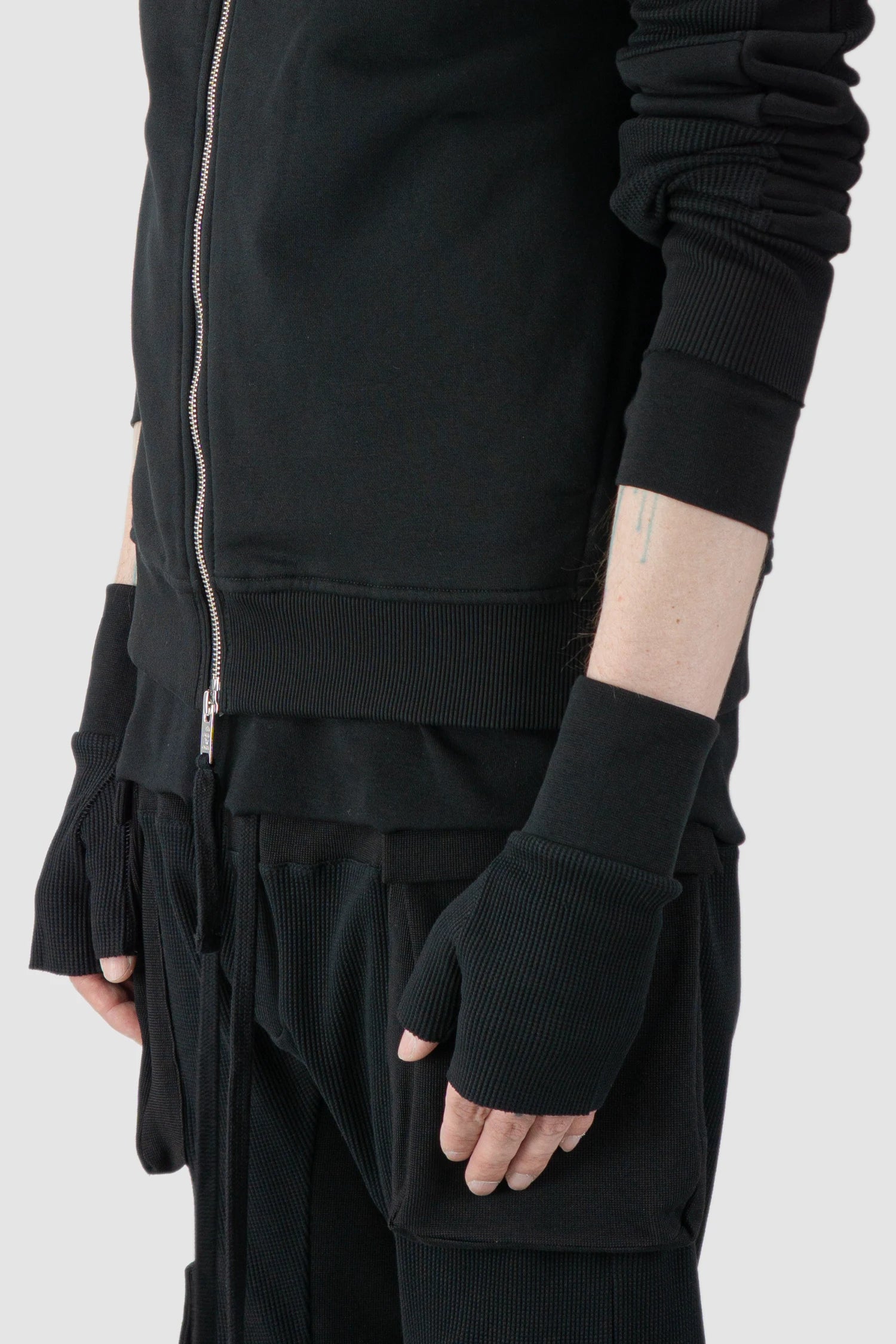 Thom Krom - model left view of black Cutted Structured Cotton Gloves - GLOVES-M-52