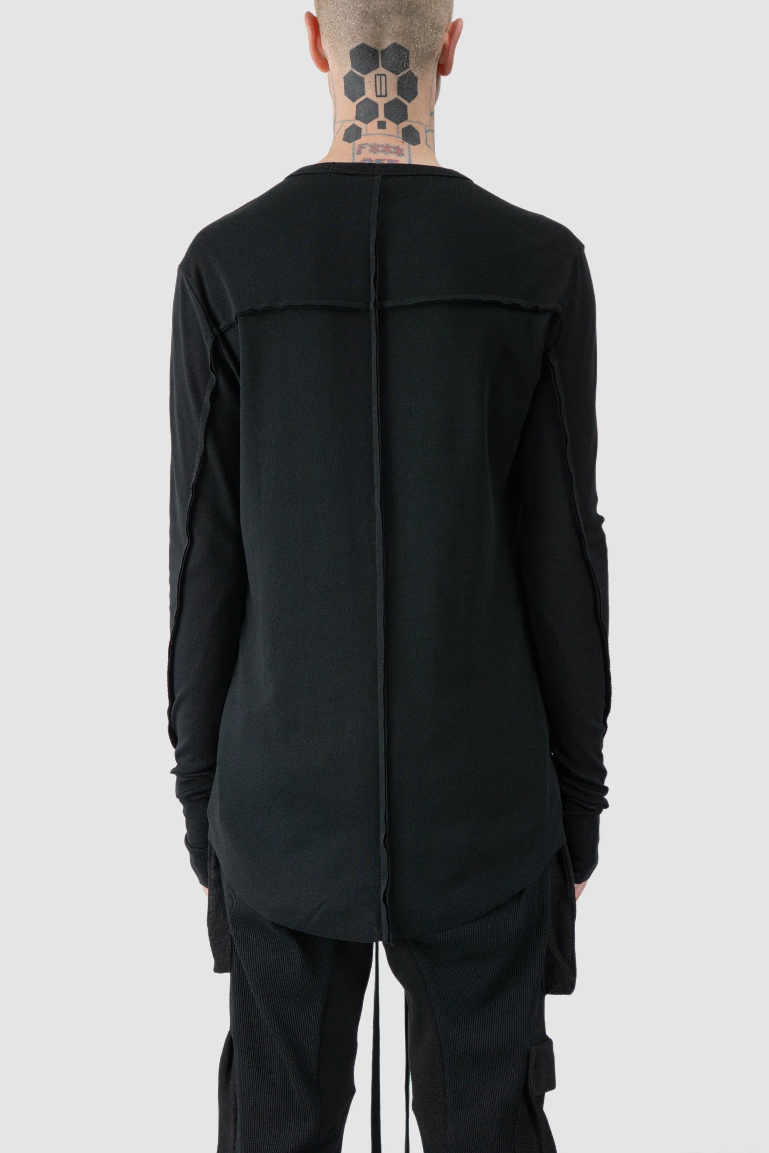 Thom Krom - model back view of black Long Sleeve Slim Fit Cotton T-Shirt - M-TS-900