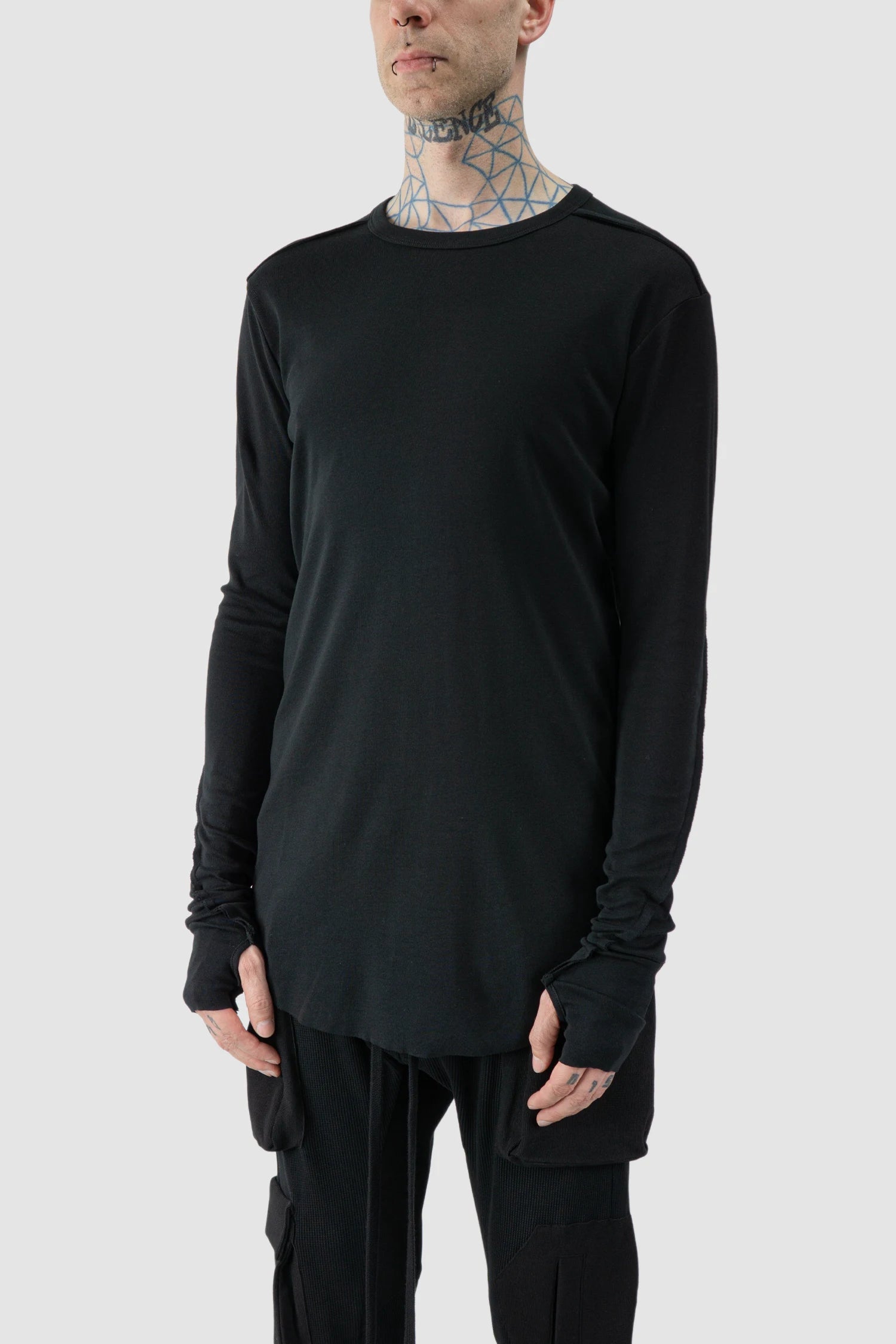 Thom Krom - model front side view of black Long Sleeve Slim Fit Cotton T-Shirt - M-TS-900