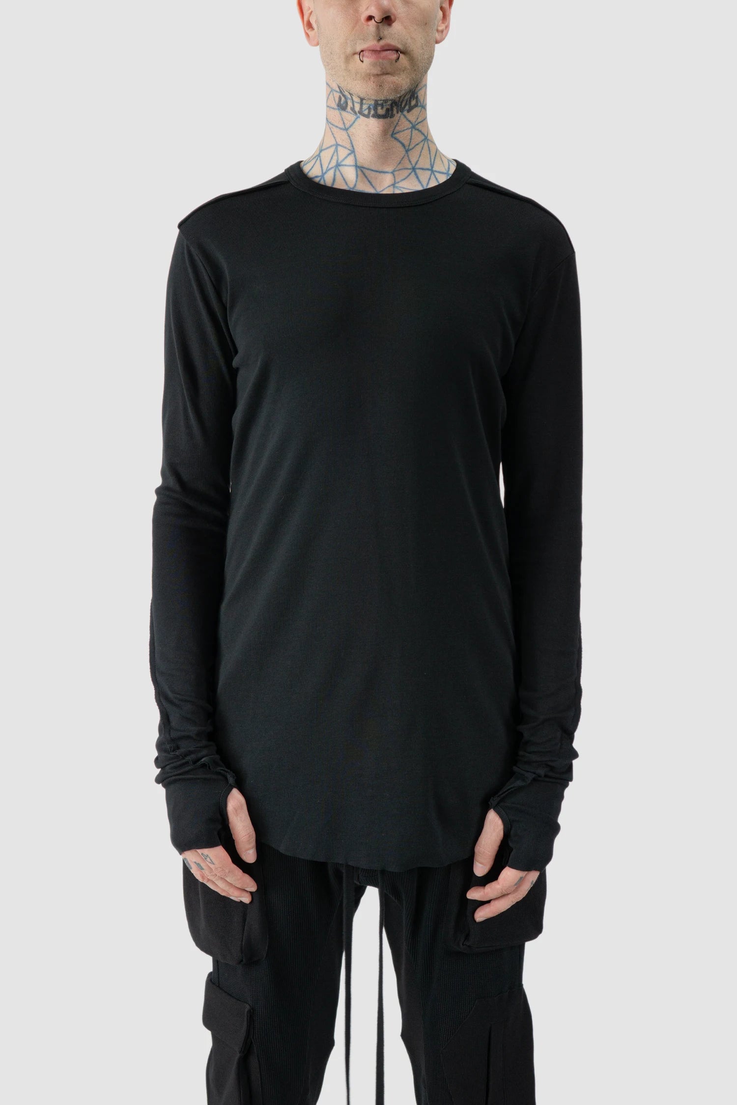Thom Krom - model front view of black Long Sleeve Slim Fit Cotton T-Shirt - M-TS-900