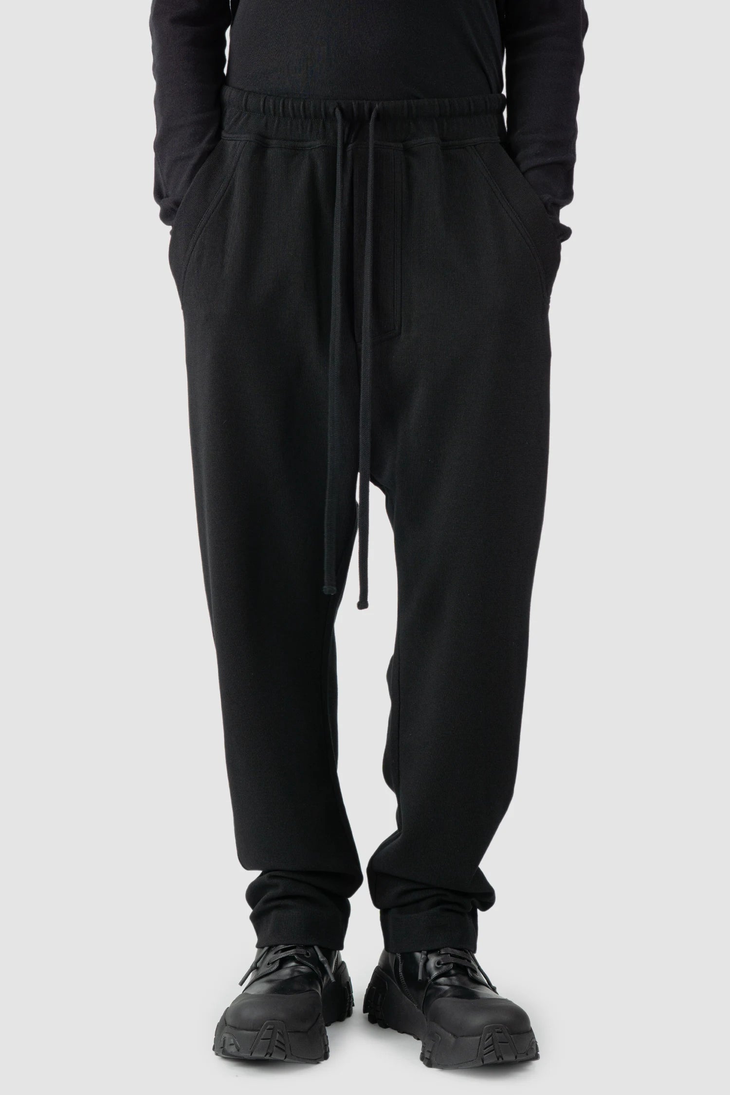 Thom Krom - model front relaxed view of black Loose Fit Straight Leg Cotton Trousers - M-ST-503