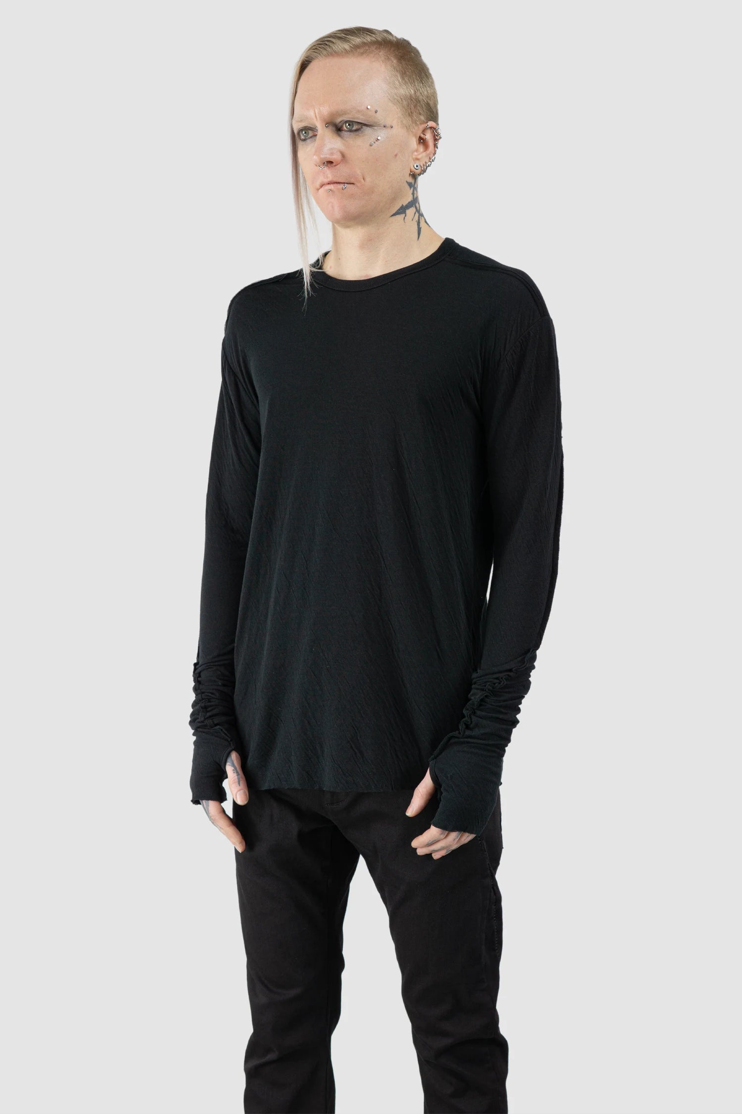 Thom Krom - Men’s Black Bonded Double Layer Long Sleeve T-Shirt M-TS-922 model front side view