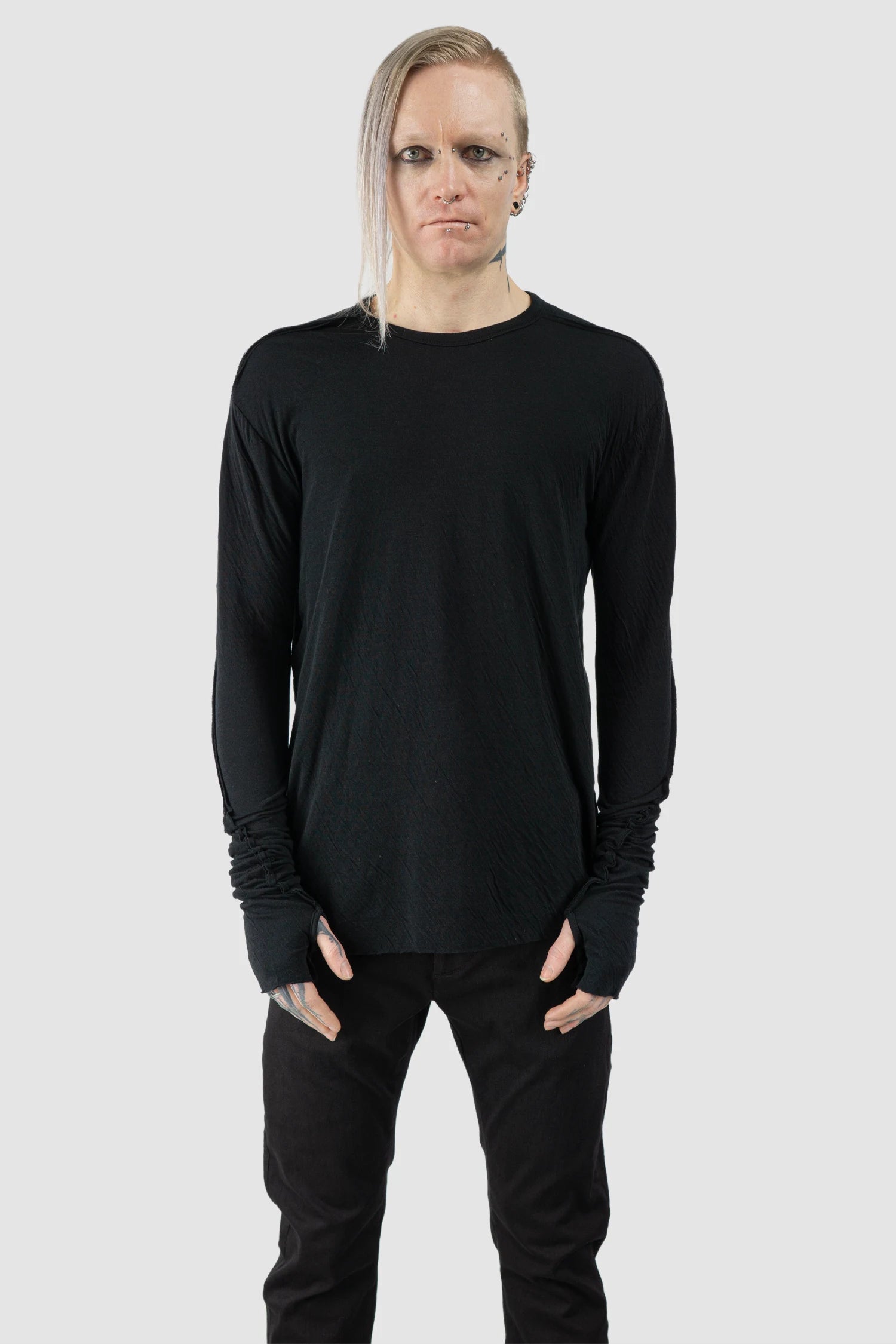 Thom Krom - Men’s Black Bonded Double Layer Long Sleeve T-Shirt M-TS-922 model front view