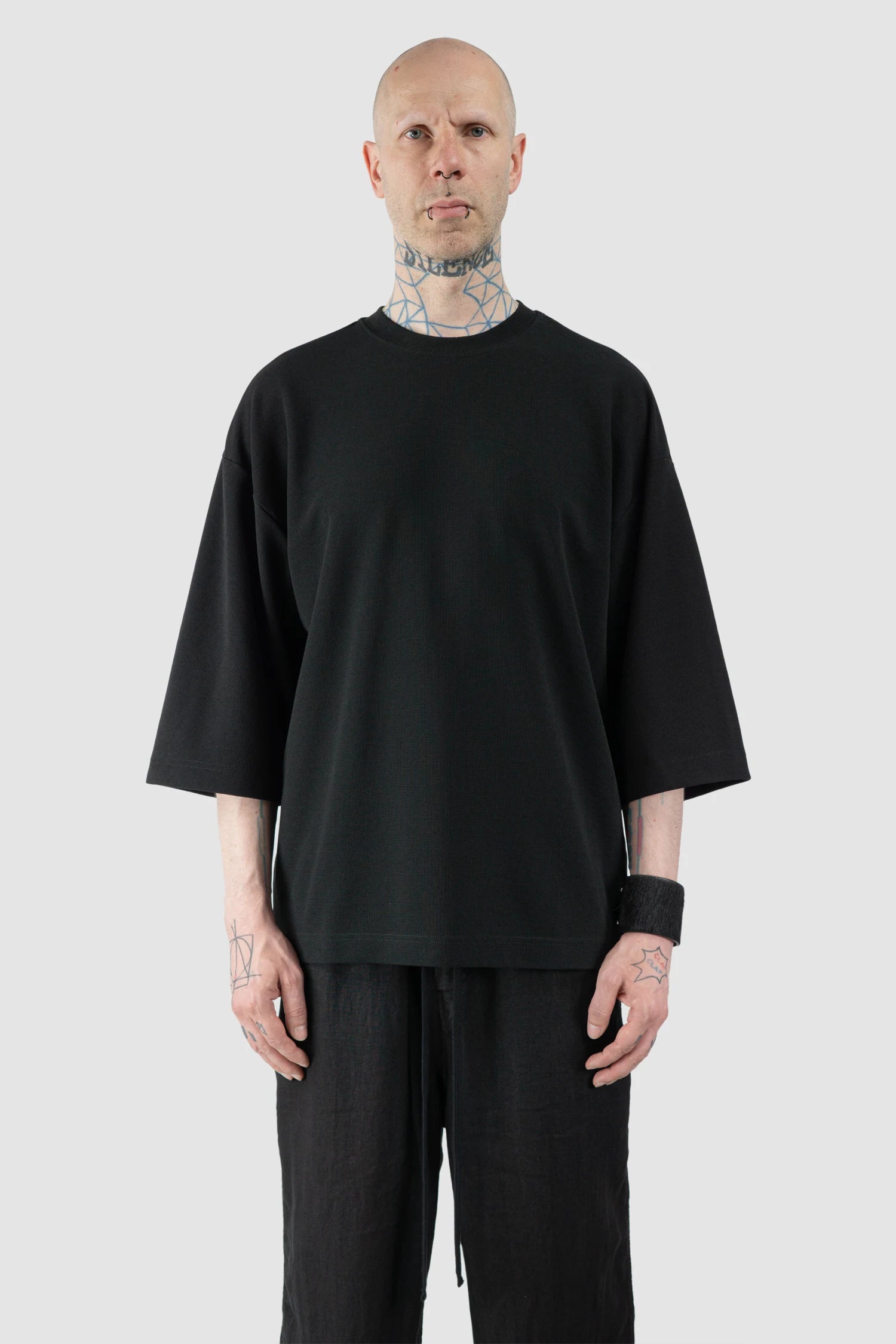 Thom Krom β Men's Black Boxy Structured Cotton T-Shirt - model front view Thom Krom β Men's Black Boxy Structured Cotton T-Shirt - model front view
