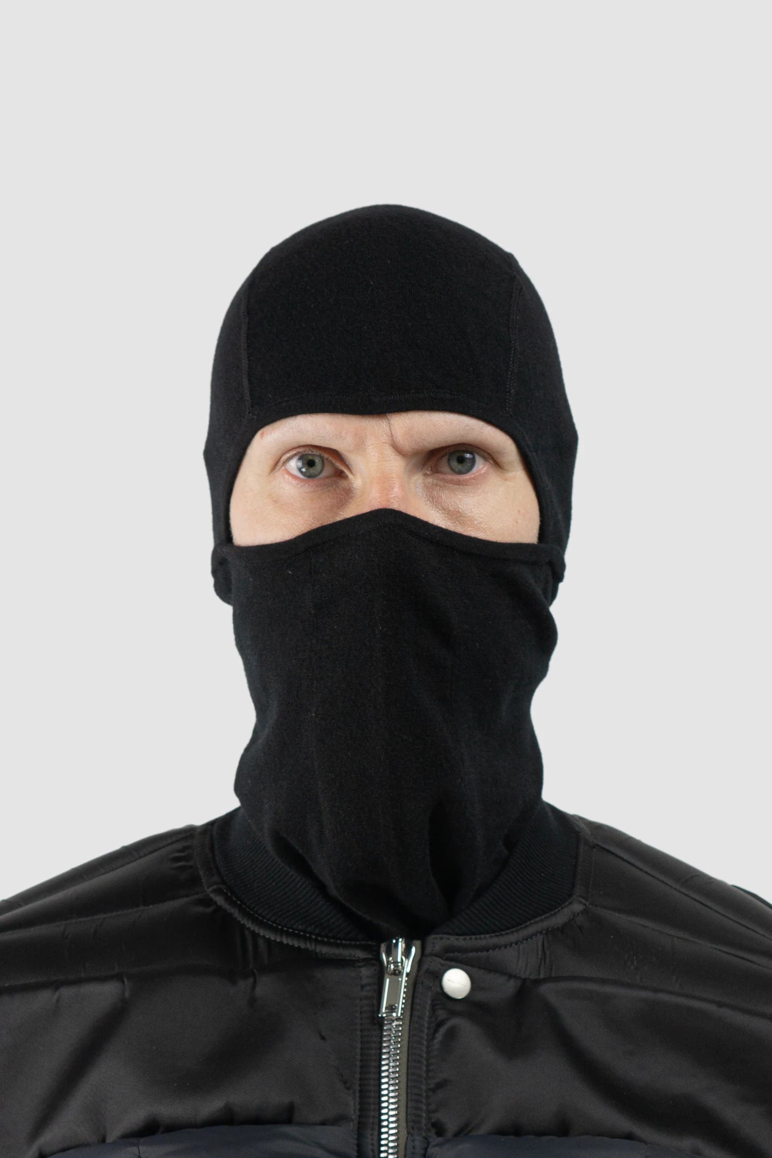 Thom Krom β Men's Black Cashmere Blend Performance Knit Balaclava Hoodie - model front view Thom Krom β Men's Black Cashmere Blend Performance Knit Balaclava Hoodie - model front view