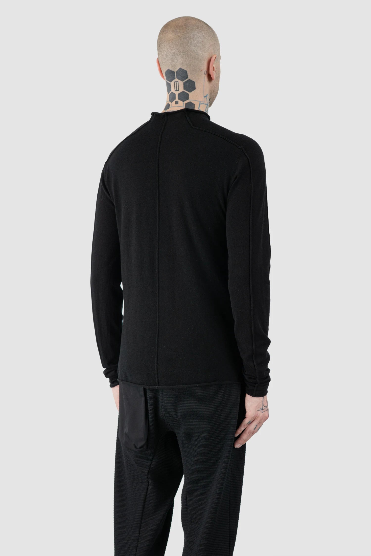 Thom Krom – Men's Black Cashmere Roll Neck Knit Sweater - model back side view Thom Krom – Men's Black Cashmere Roll Neck Knit Sweater - model back side view