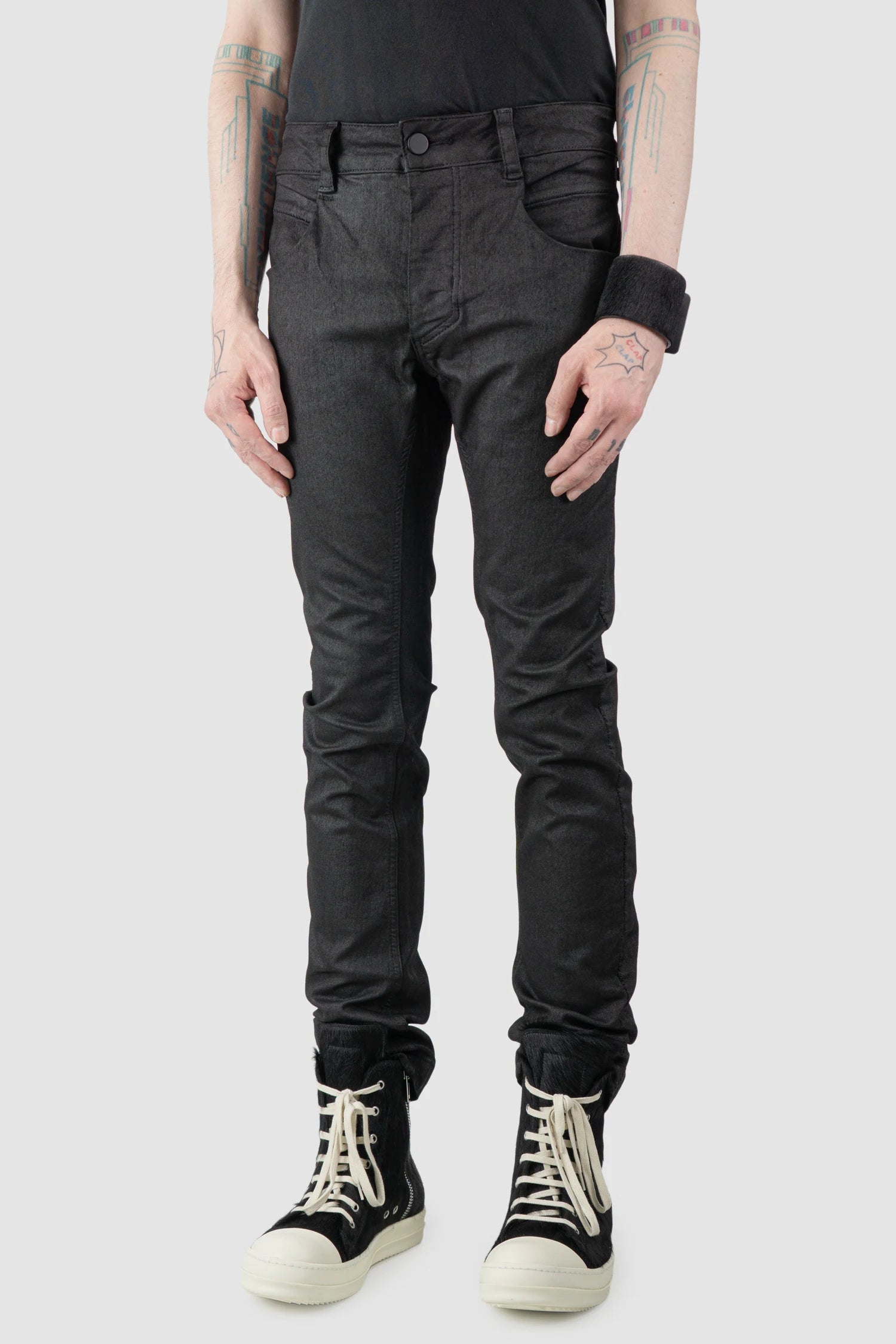 Thom Krom – Men's Black Coated Slim Fit Denim Jeans - model side view - MONO-KROM | Gallery Thom Krom – Men's Black Coated Slim Fit Denim Jeans - model side view - MONO-KROM | Gallery