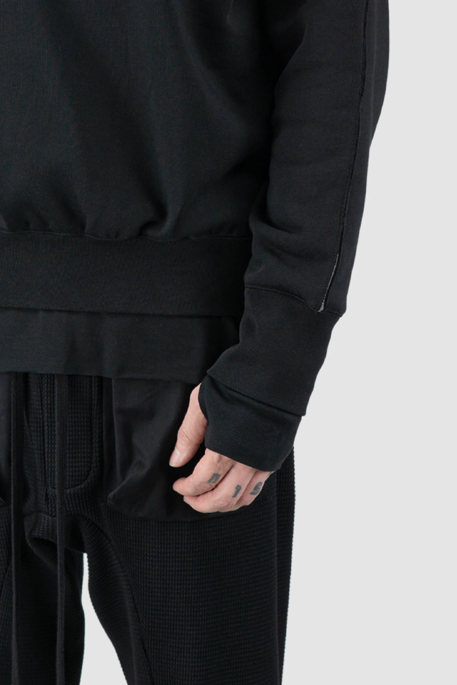 Thom Krom – Men's Black Contrast Line Cotton Hoodie - arm detail view Thom Krom – Men's Black Contrast Line Cotton Hoodie - arm detail view