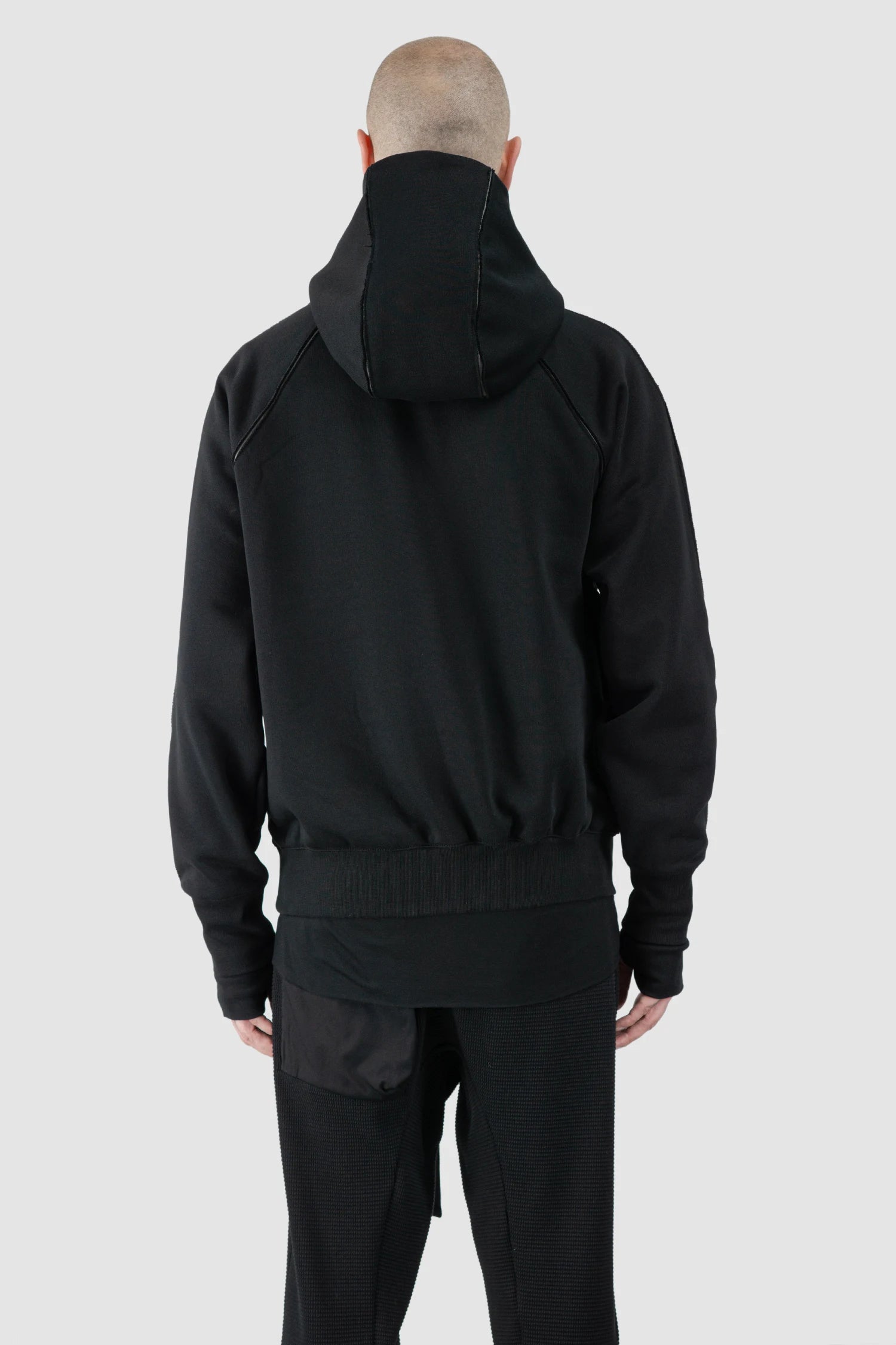 Thom Krom – Men's Black Contrast Line Cotton Hoodie - model back view Thom Krom – Men's Black Contrast Line Cotton Hoodie - model back view