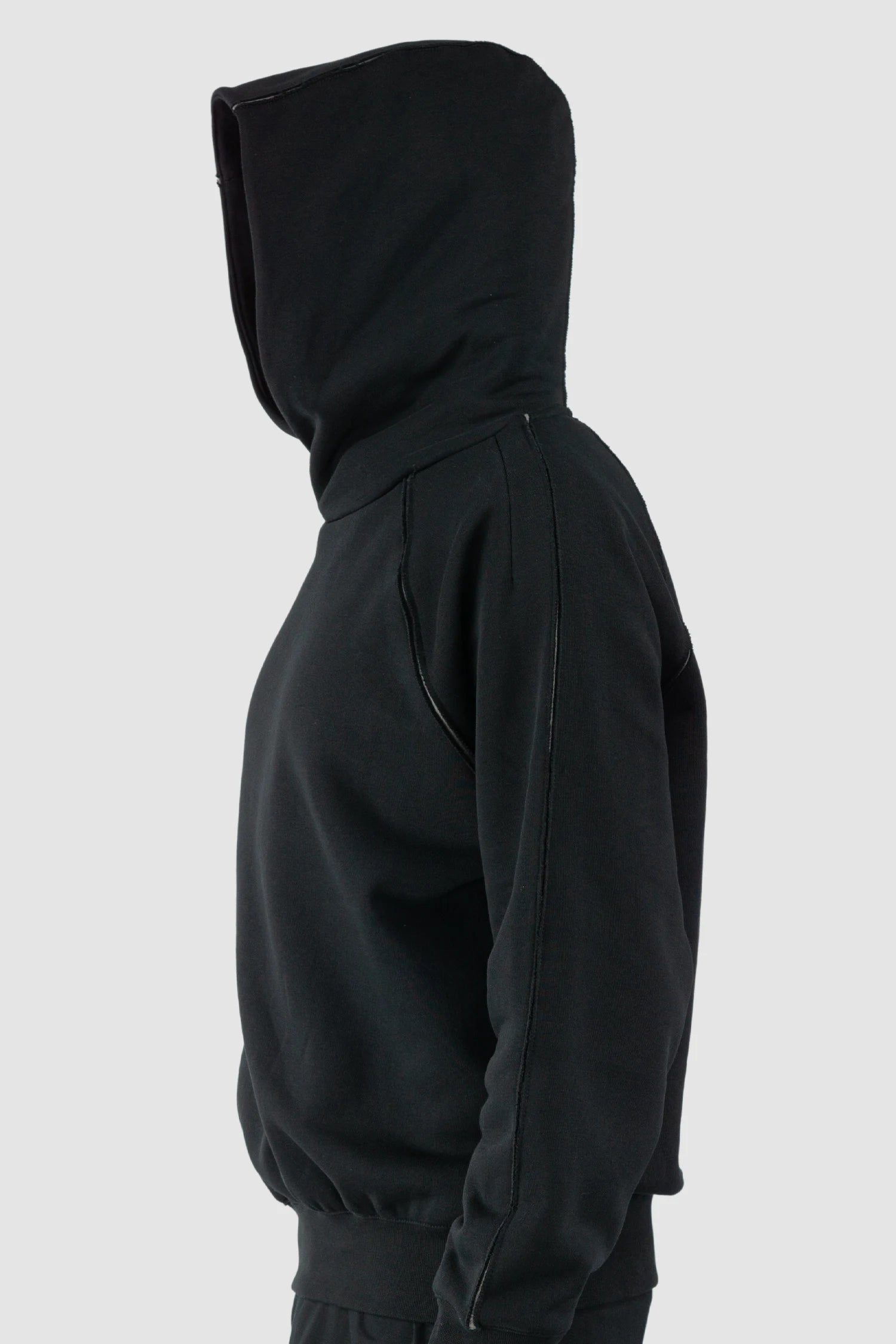 Thom Krom – Men's Black Contrast Line Cotton Hoodie - model hooded view Thom Krom – Men's Black Contrast Line Cotton Hoodie - model hooded view