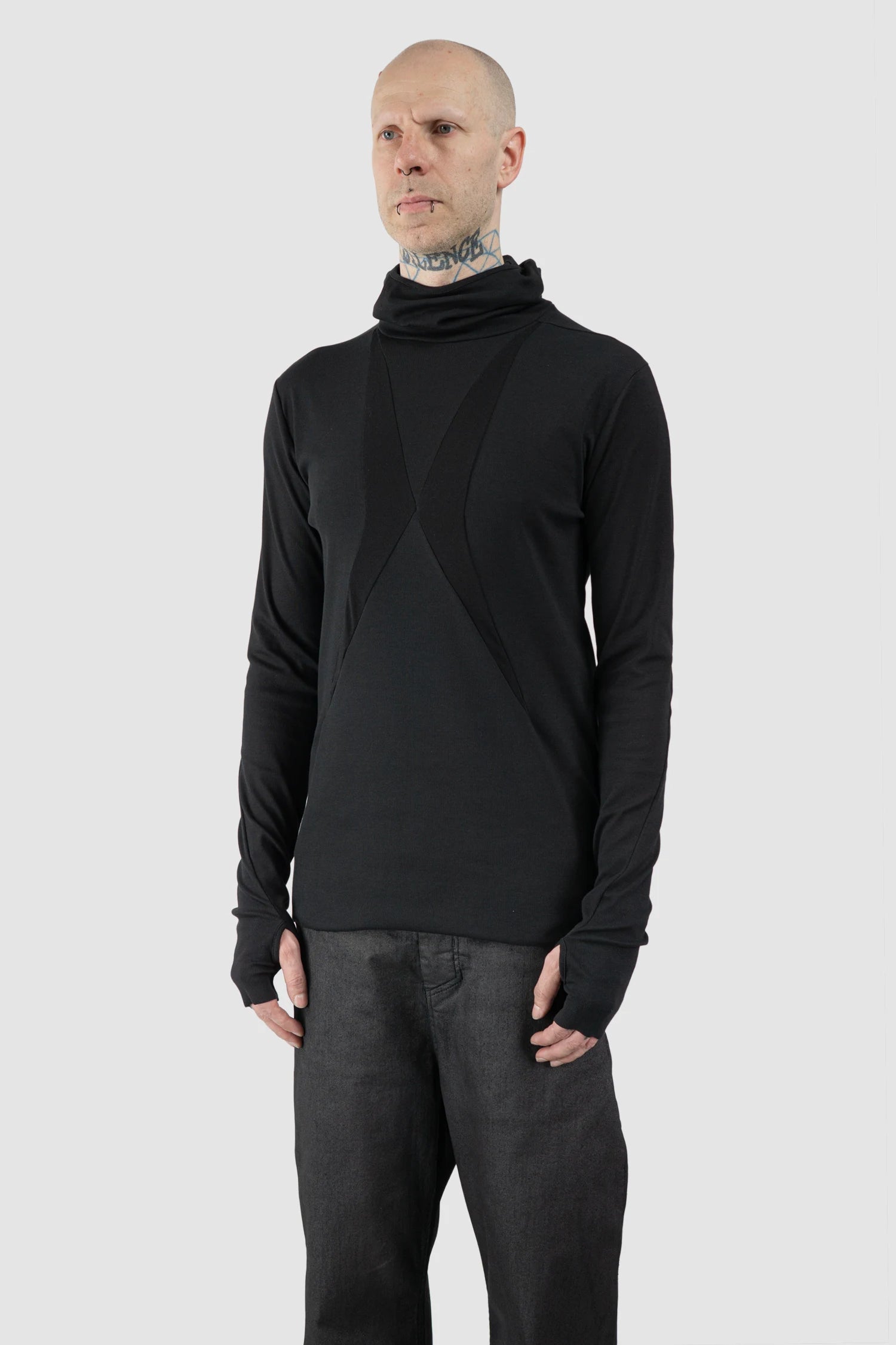 Thom Krom – Men's Black Cotton Balaclava Hooded Long Sleeve - model side view Thom Krom – Men's Black Cotton Balaclava Hooded Long Sleeve - model side view