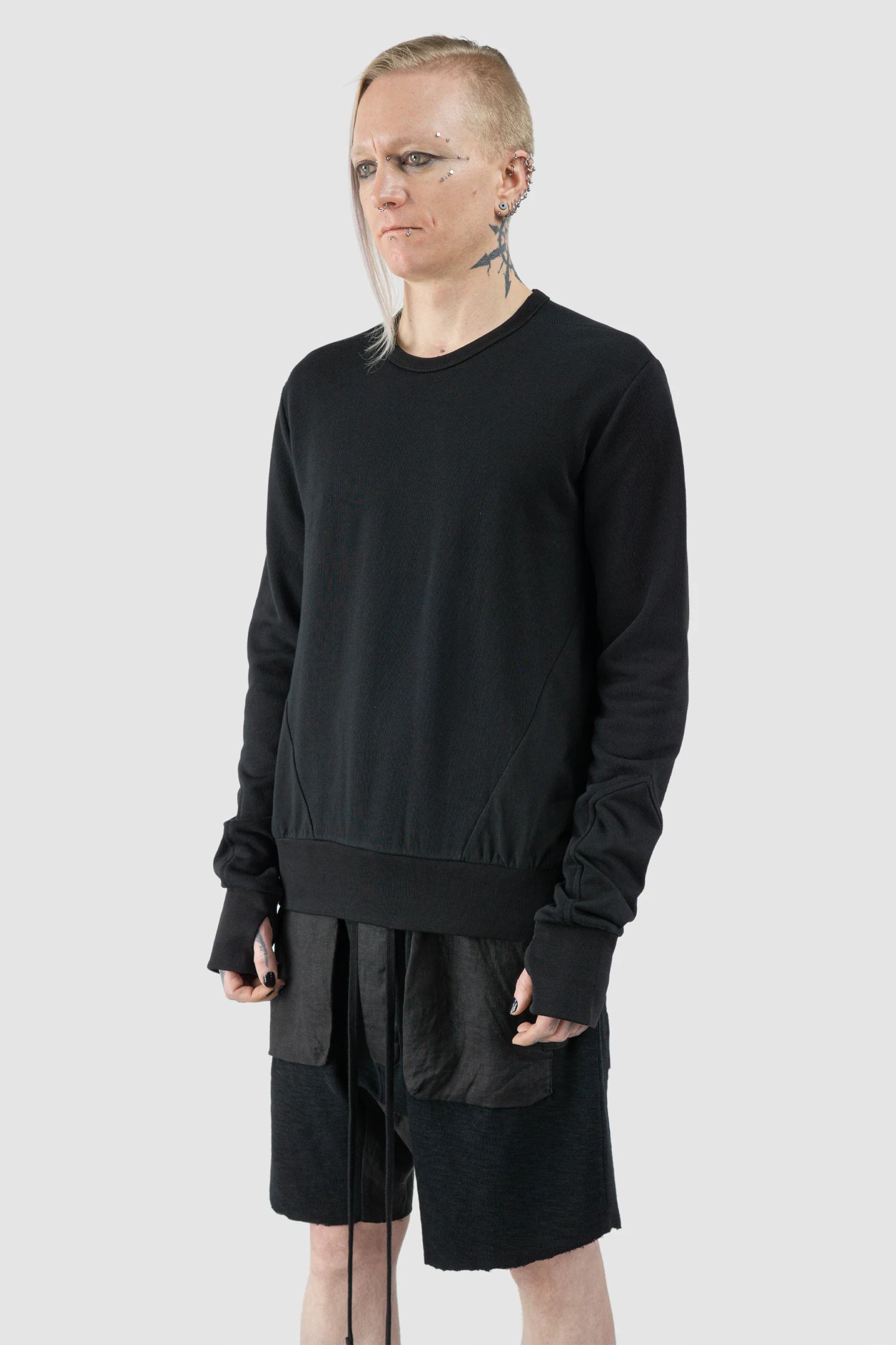 Thom Krom - Men’s Black Cotton Crew Neck Sweater M-S-189 model front side view