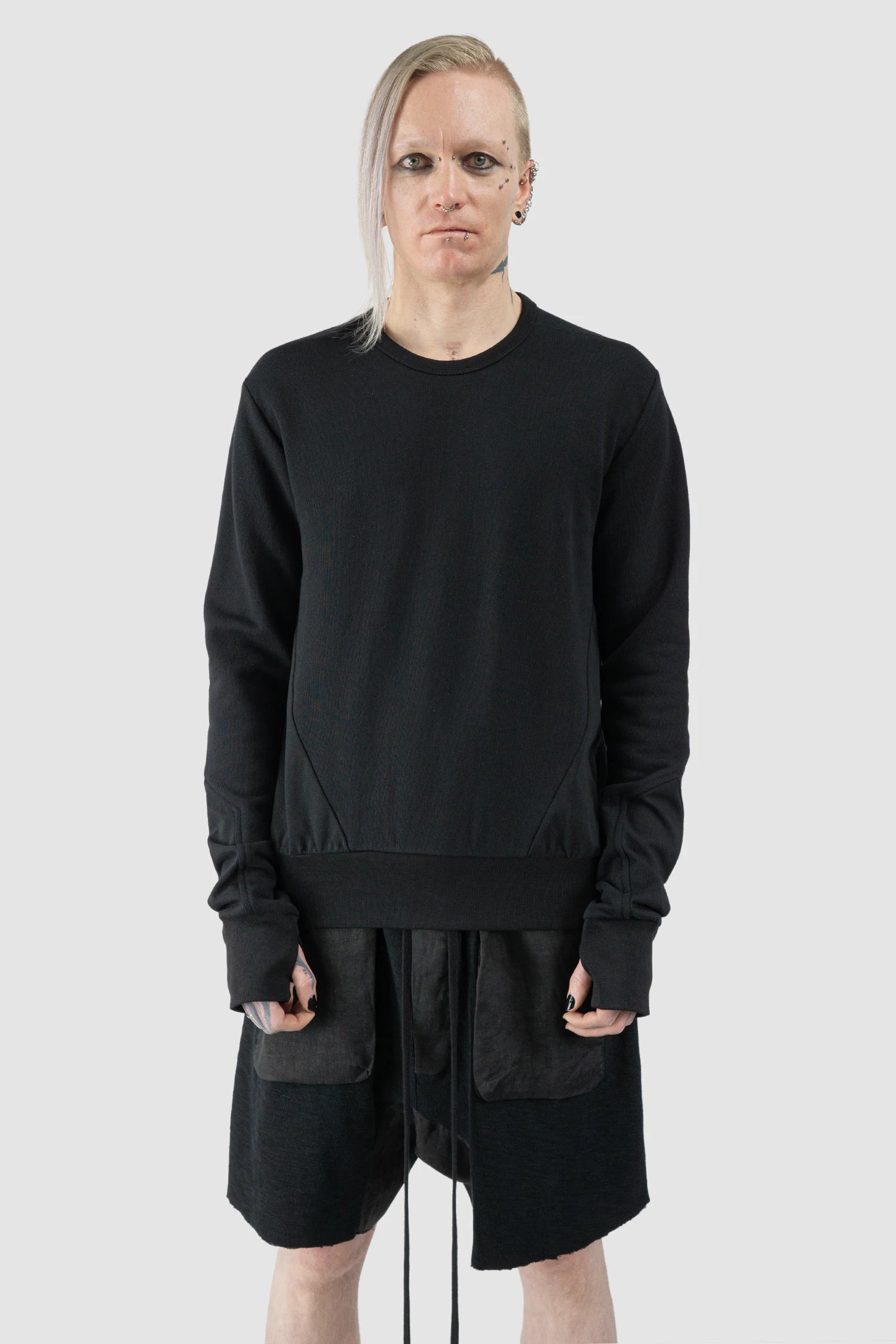 Thom Krom - Men’s Black Cotton Crew Neck Sweater M-S-189 model front view