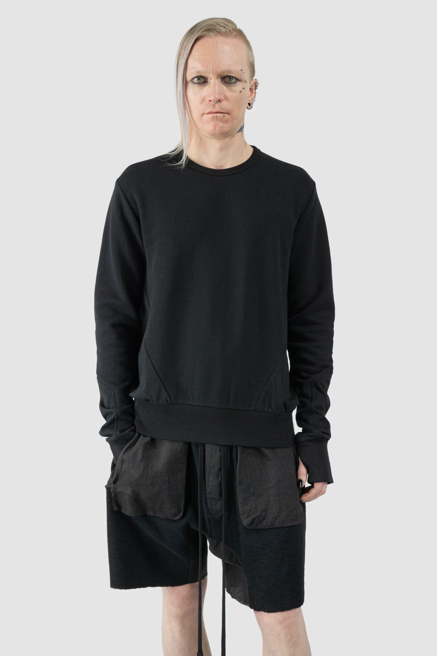 Thom Krom - Men’s Black Cotton Crew Neck Sweater M-S-189 model front relaxed view