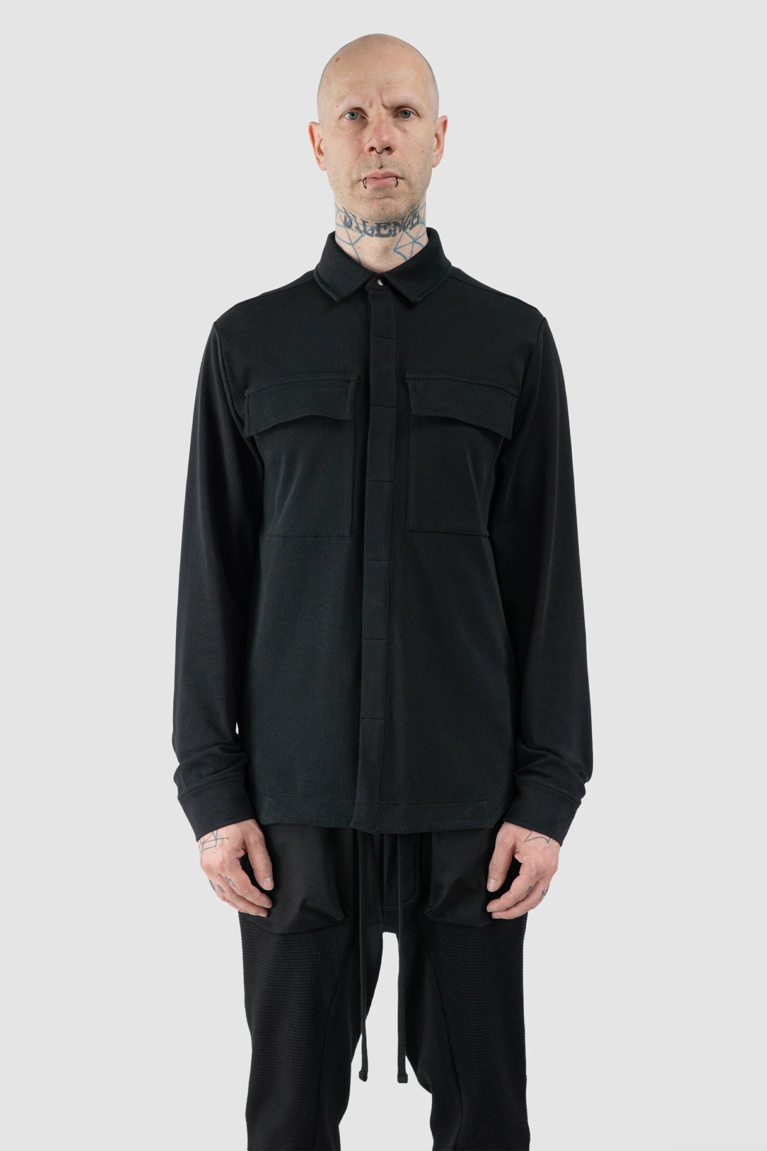 Thom Krom – Men's Black Cotton Jersey Overshirt - model front view Thom Krom – Men's Black Cotton Jersey Overshirt - model front view