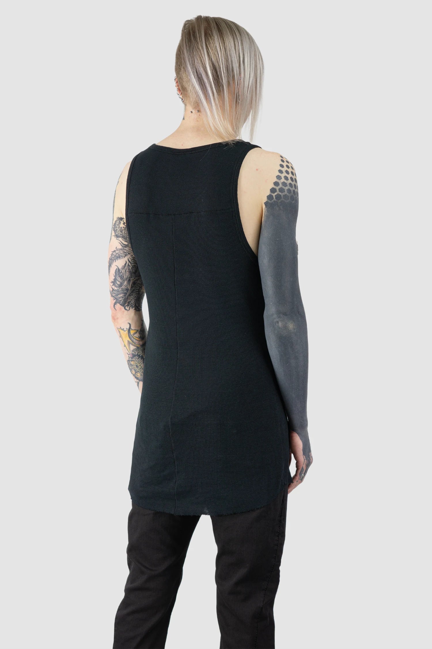 Thom Krom - Men’s Black Cotton-Linen Mix Rib Tank Top M-TS-947 model back side view