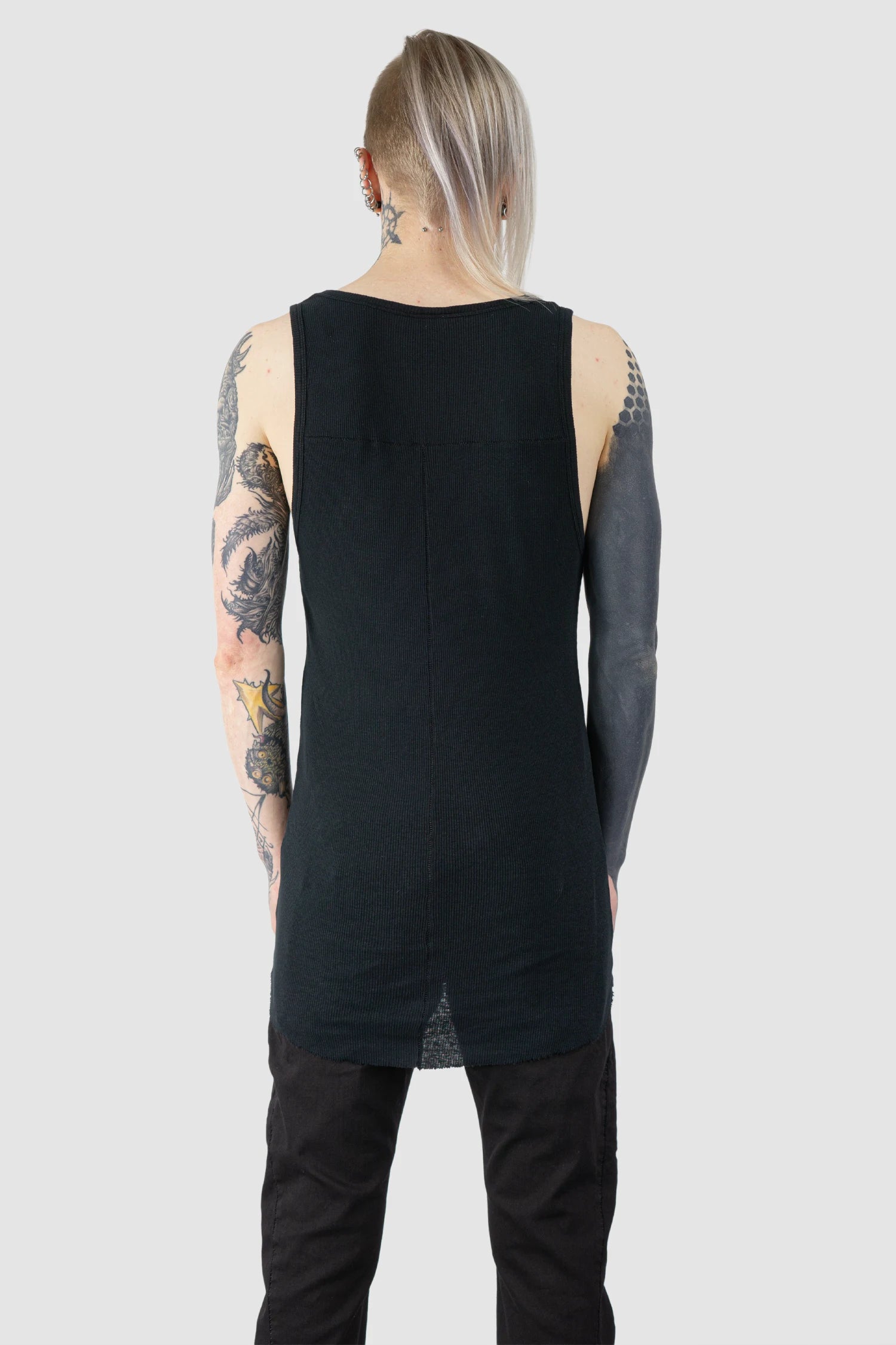 Thom Krom - Men’s Black Cotton-Linen Mix Rib Tank Top M-TS-947 model back view