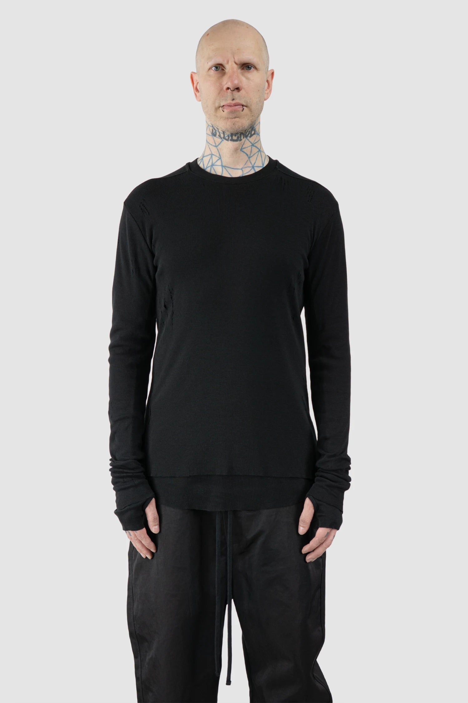 Thom Krom – Men's Black Destroyed Double Layer Long Sleeve - model front view - MONO-KROM | Gallery Thom Krom – Men's Black Destroyed Double Layer Long Sleeve - model front view - MONO-KROM | Gallery
