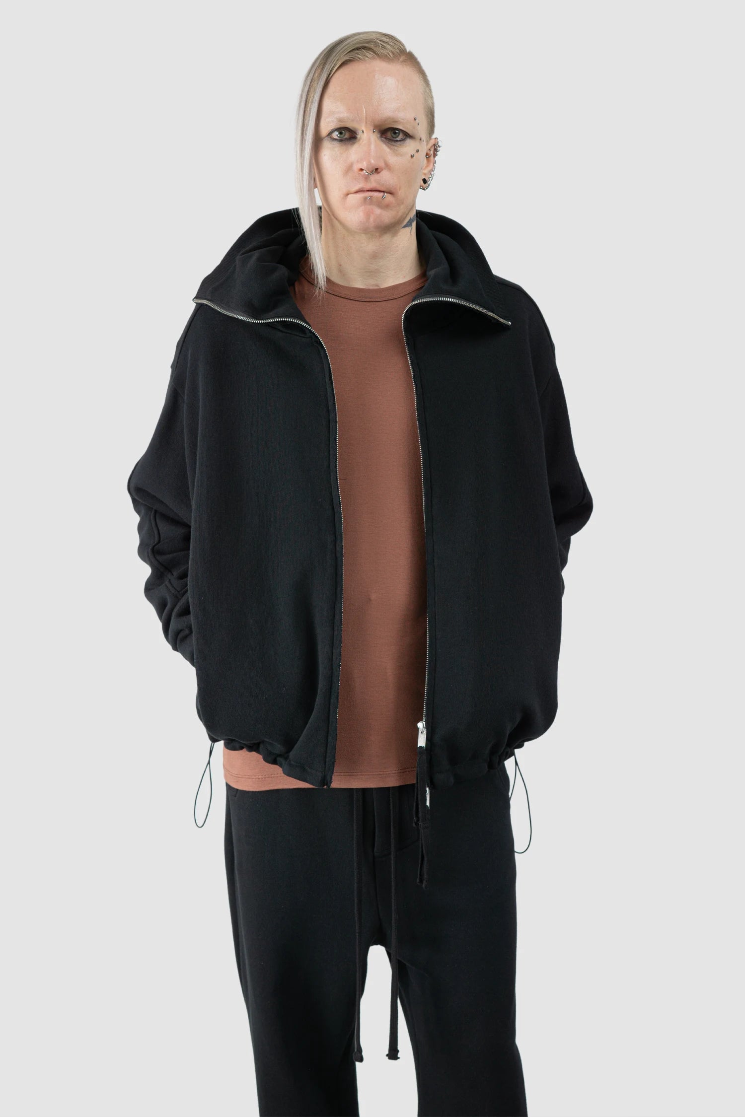 Thom Krom - Men’s Black Double Layer Cotton Hooded Zip-Sweater M-SJ-695 model front opened view