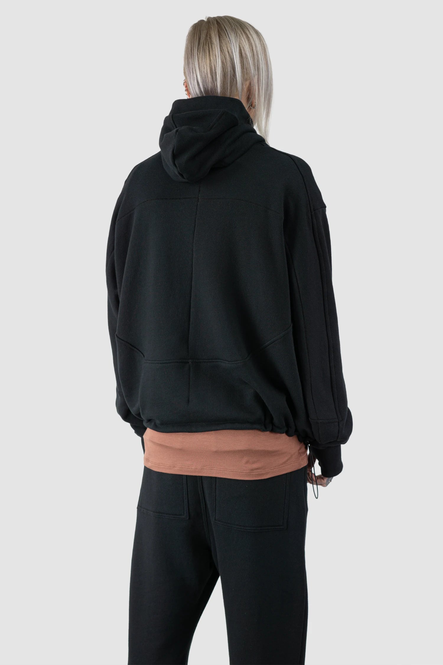 Thom Krom - Men’s Black Double Layer Cotton Hooded Zip-Sweater M-SJ-695 model back side view