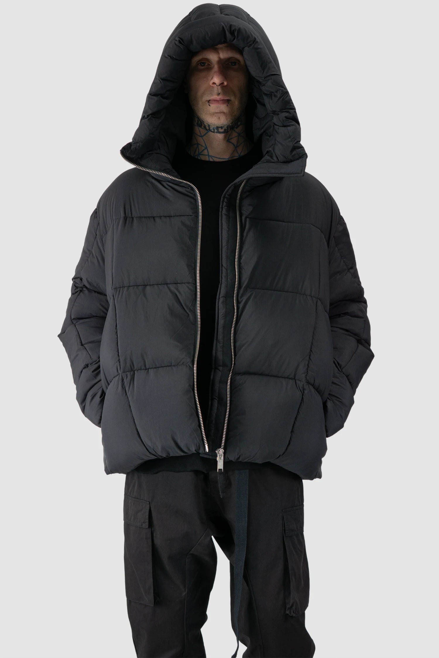Thom Krom - model hooded view of men’s Black Guilted Nylon Puffer Jacket M-J-78