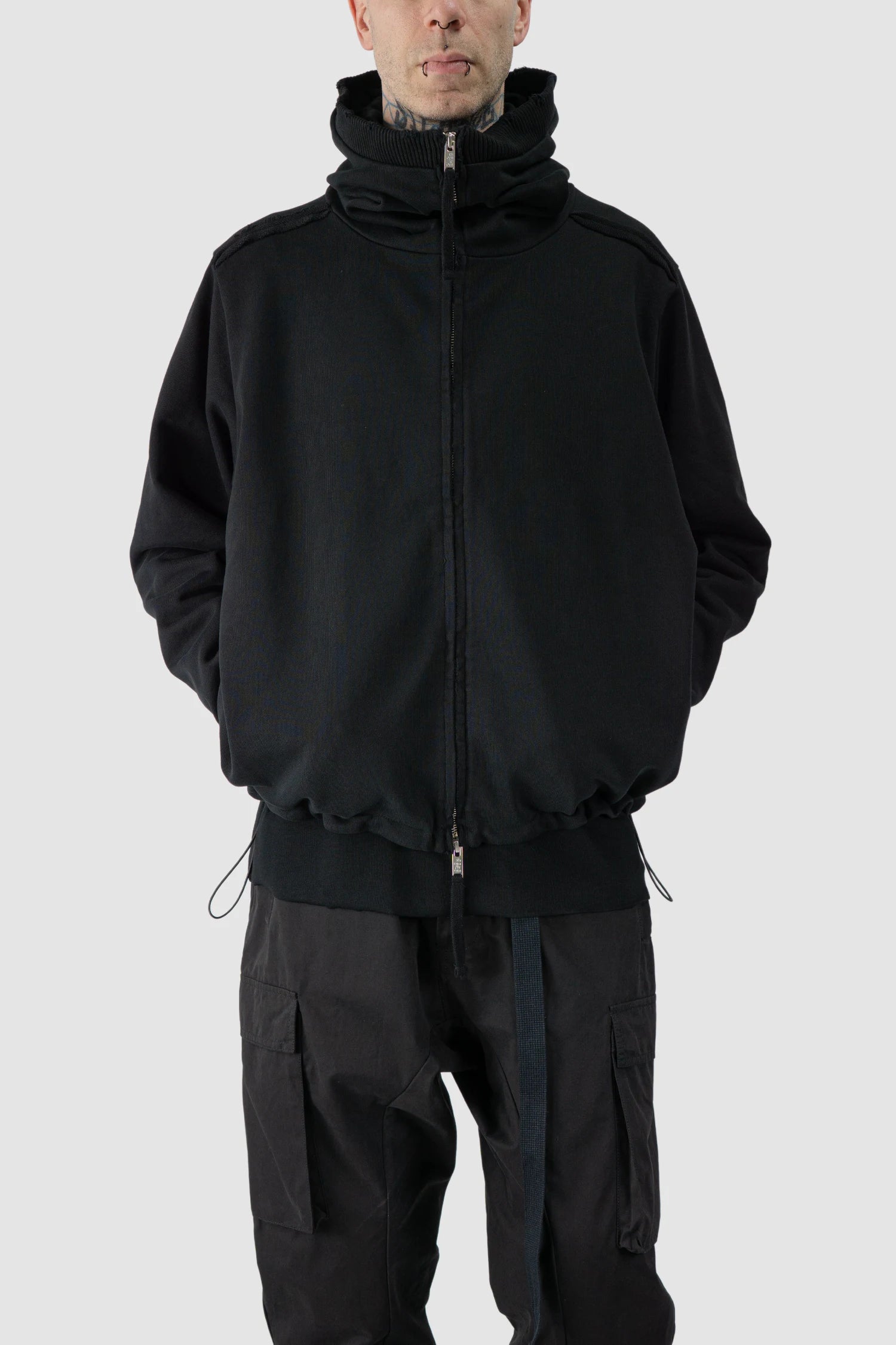 Thom Krom - model relaxed view of men’s Black Heavy Cotton Hoodie with Two Way Zipper M-SJ-690