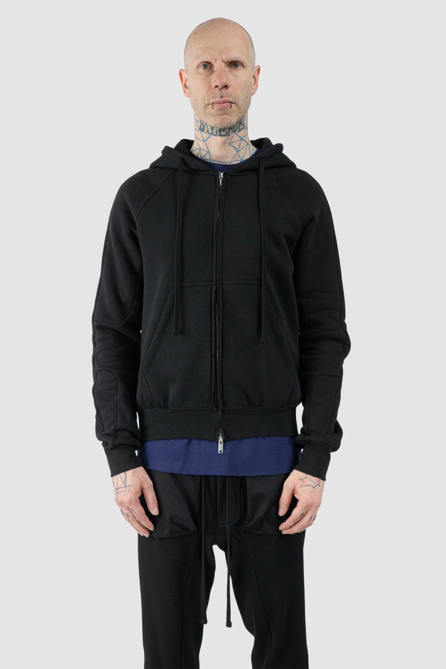 Thom Krom – Men's Black Hooded Cotton Zip Sweater - model front view Thom Krom – Men's Black Hooded Cotton Zip Sweater - model front view