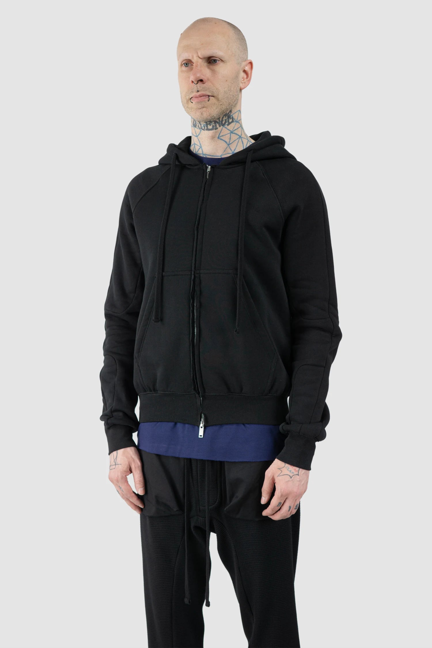 Thom Krom – Men's Black Hooded Cotton Zip Sweater - model front side view Thom Krom – Men's Black Hooded Cotton Zip Sweater - model front side view