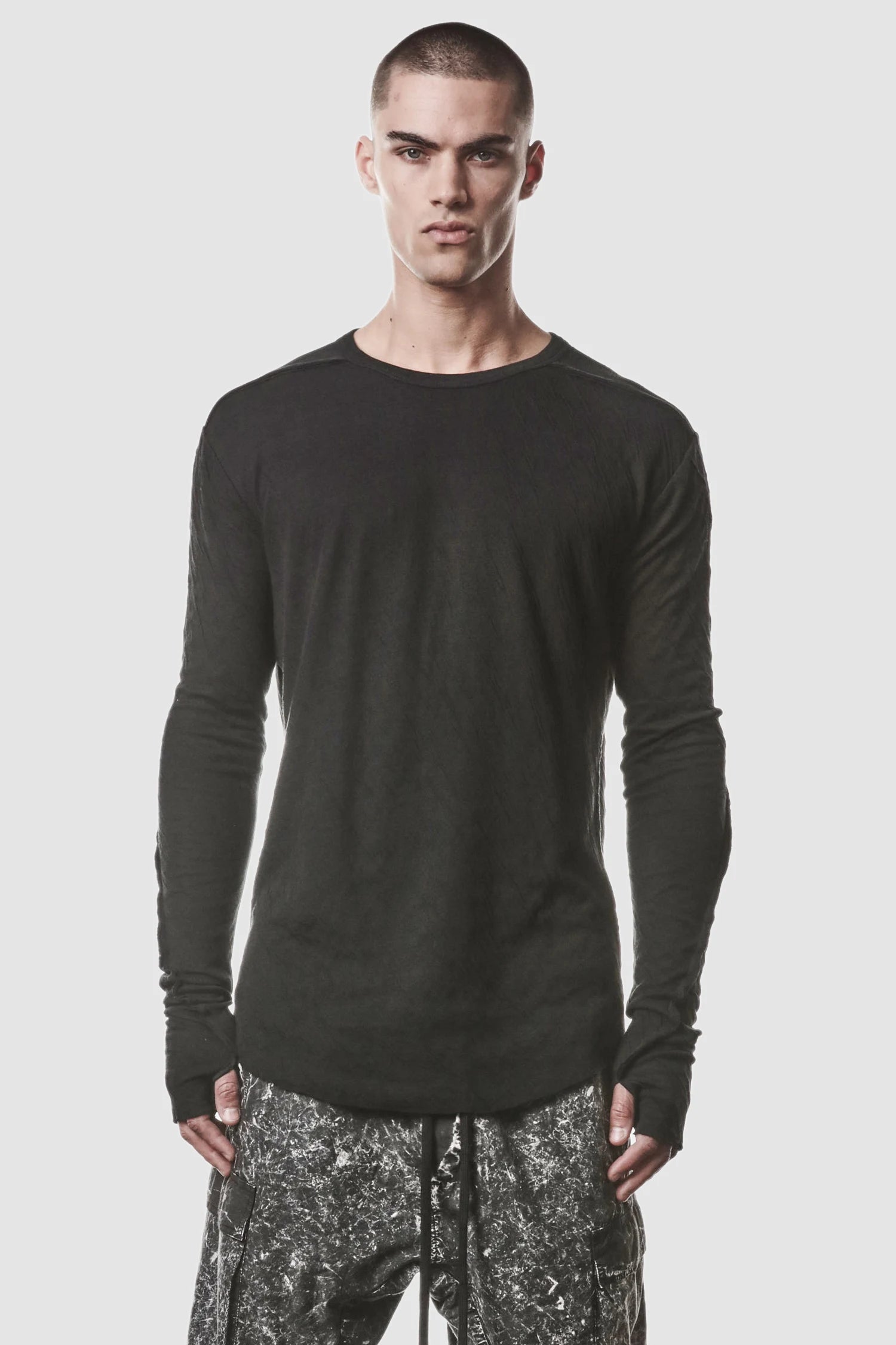Thom Krom - model front view of men’s Black Bonded Double Layer Long Sleeve T-Shirt