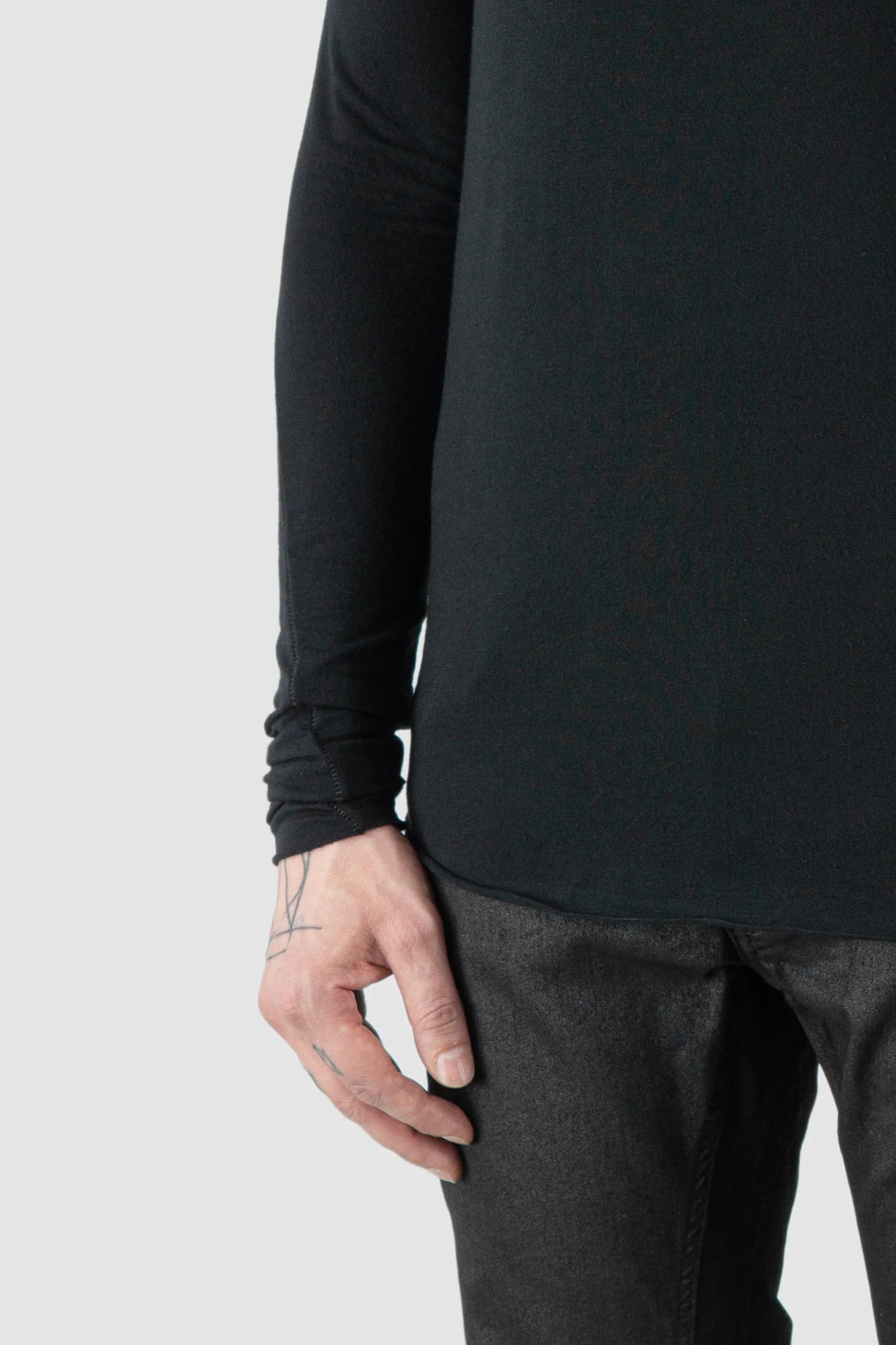 Thom Krom – Men's Black Modal Cashmere Long Sleeve - cuff detail view Thom Krom – Men's Black Modal Cashmere Long Sleeve - cuff detail view