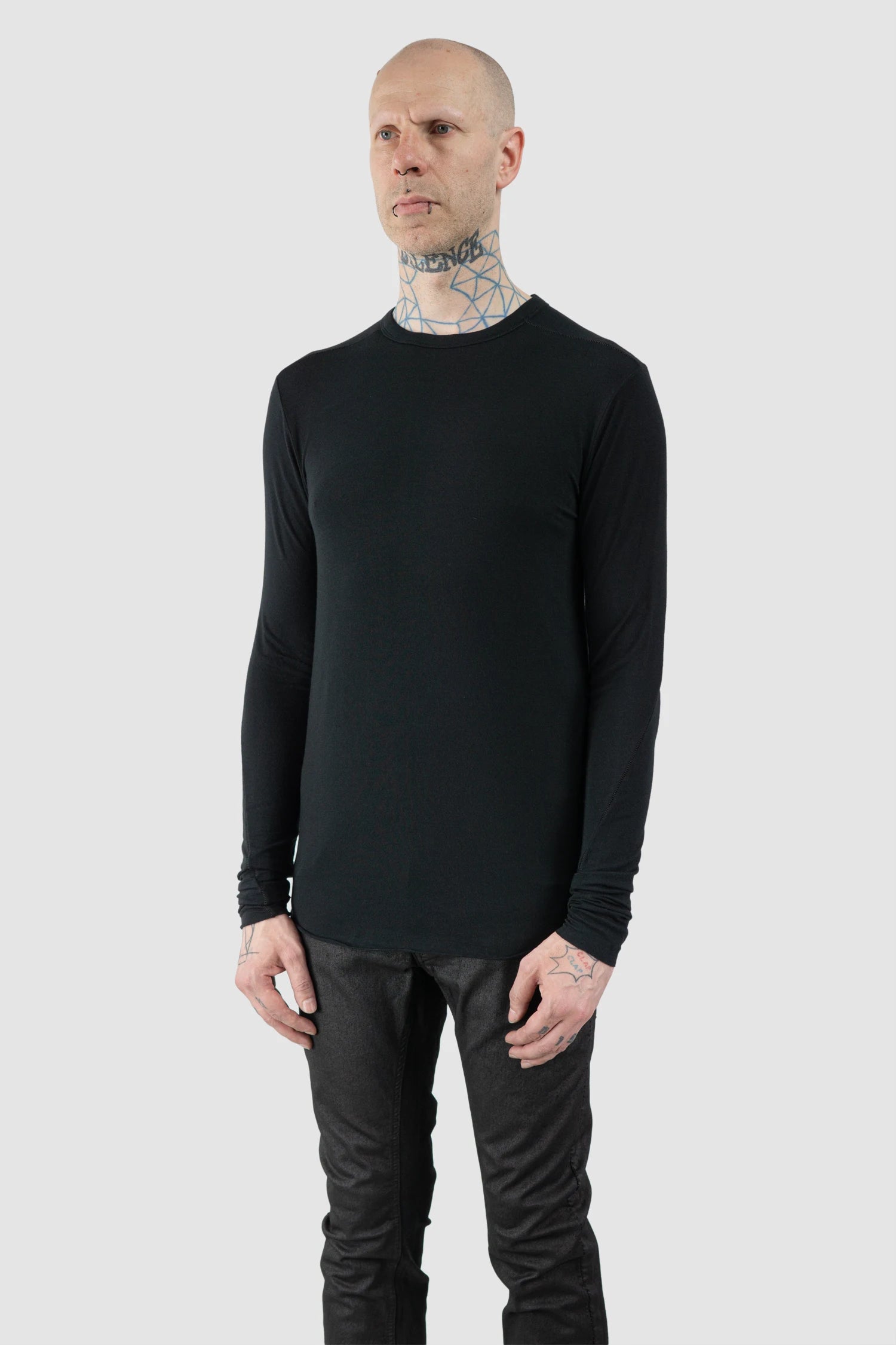 Thom Krom – Men's Black Modal Cashmere Long Sleeve - model side view - MONO-KROM | Gallery Thom Krom – Men's Black Modal Cashmere Long Sleeve - model side view - MONO-KROM | Gallery