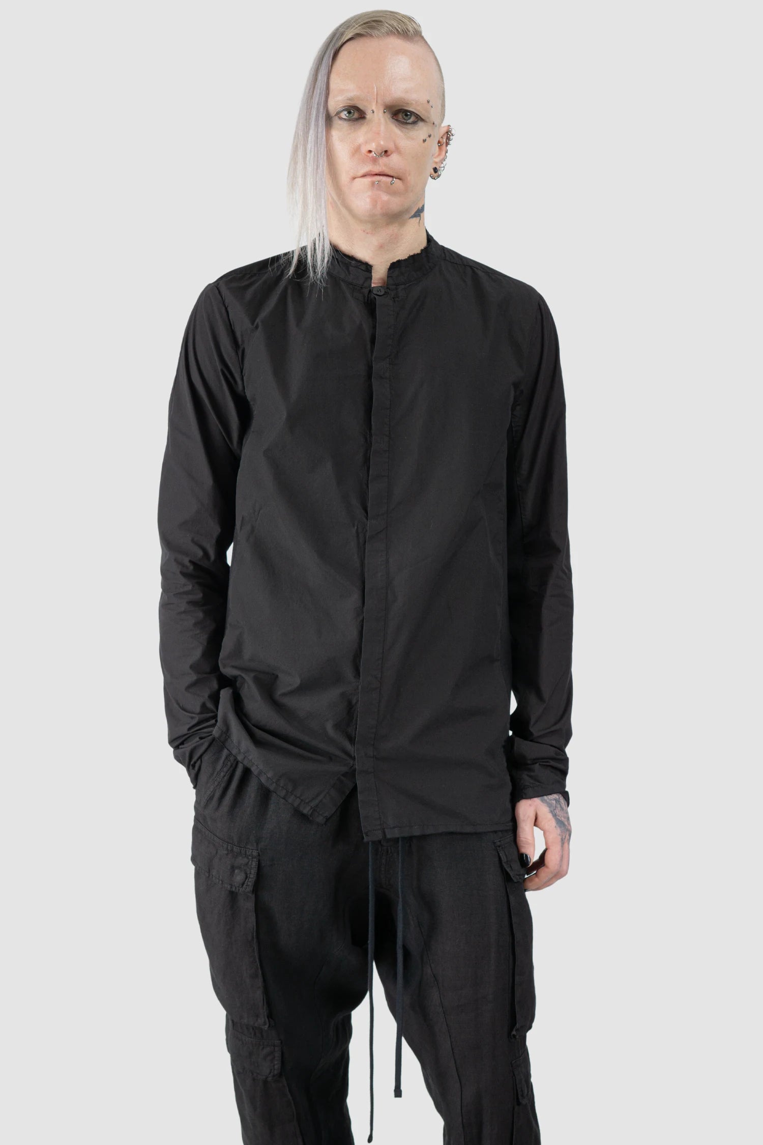 Black Organic Cotton Shirt with Stand Up Collar