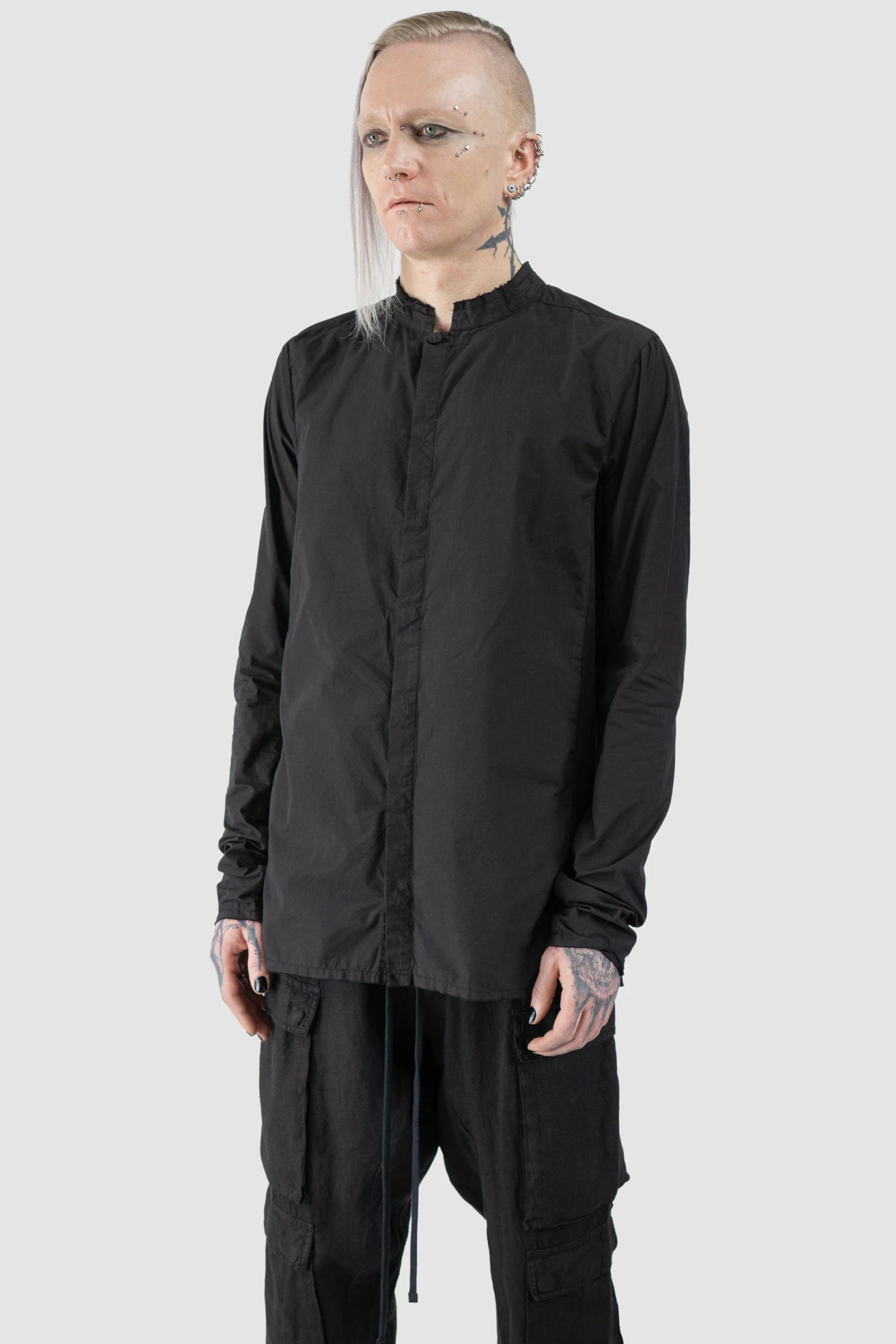 Black Organic Cotton Shirt with Stand Up Collar