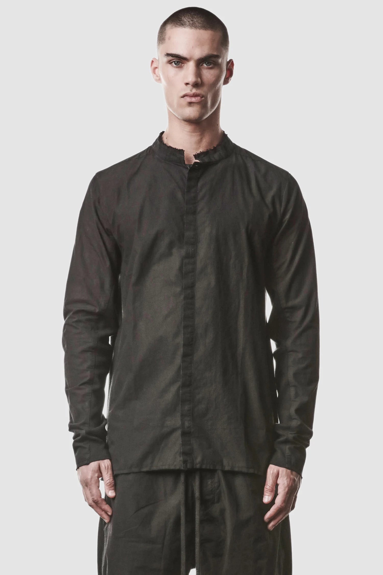 Black Organic Cotton Shirt with Stand Up Collar