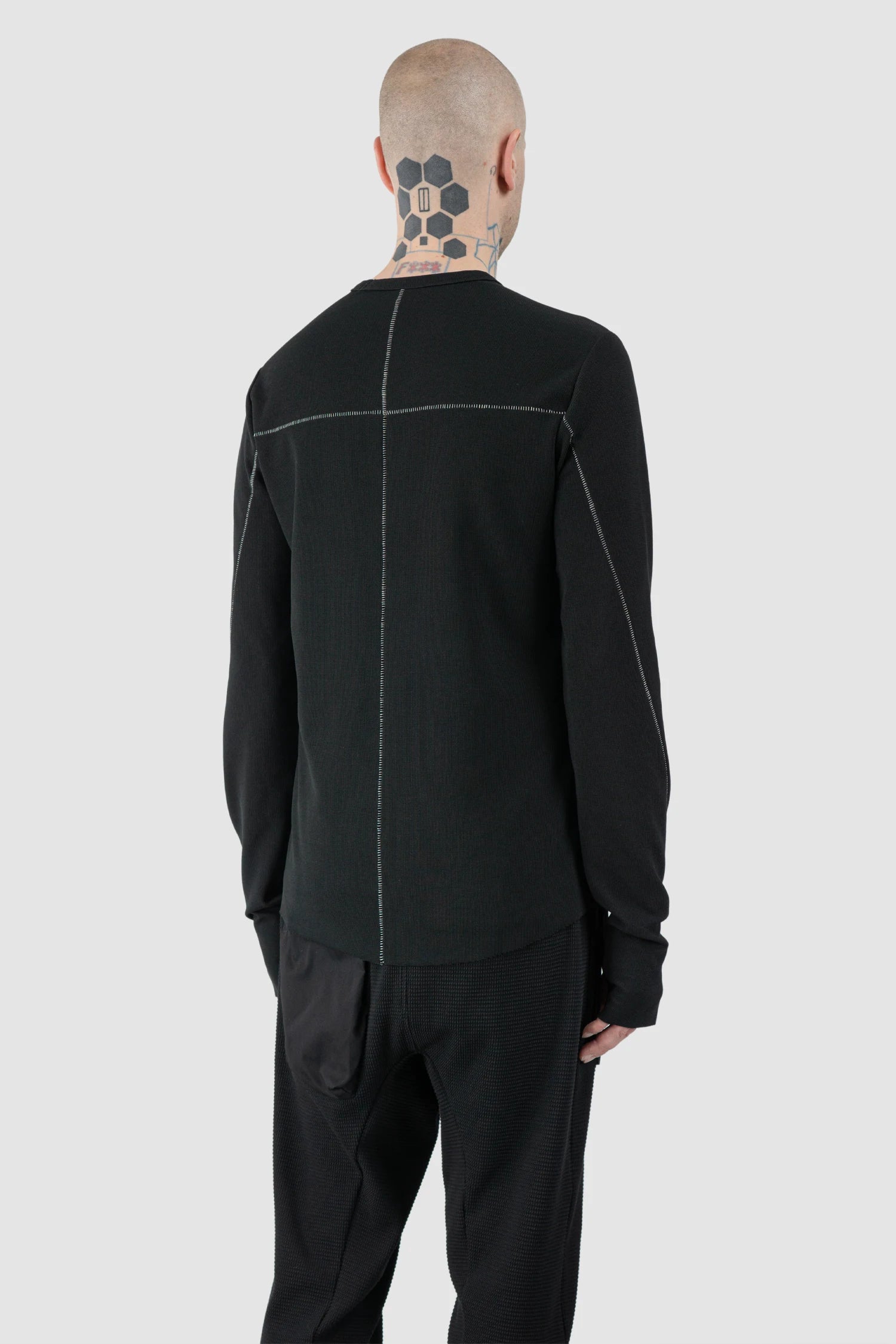 Thom Krom – Men's Black Structured Cotton Contrast Stitch Long Sleeve - model back side view Thom Krom – Men's Black Structured Cotton Contrast Stitch Long Sleeve - model back side view