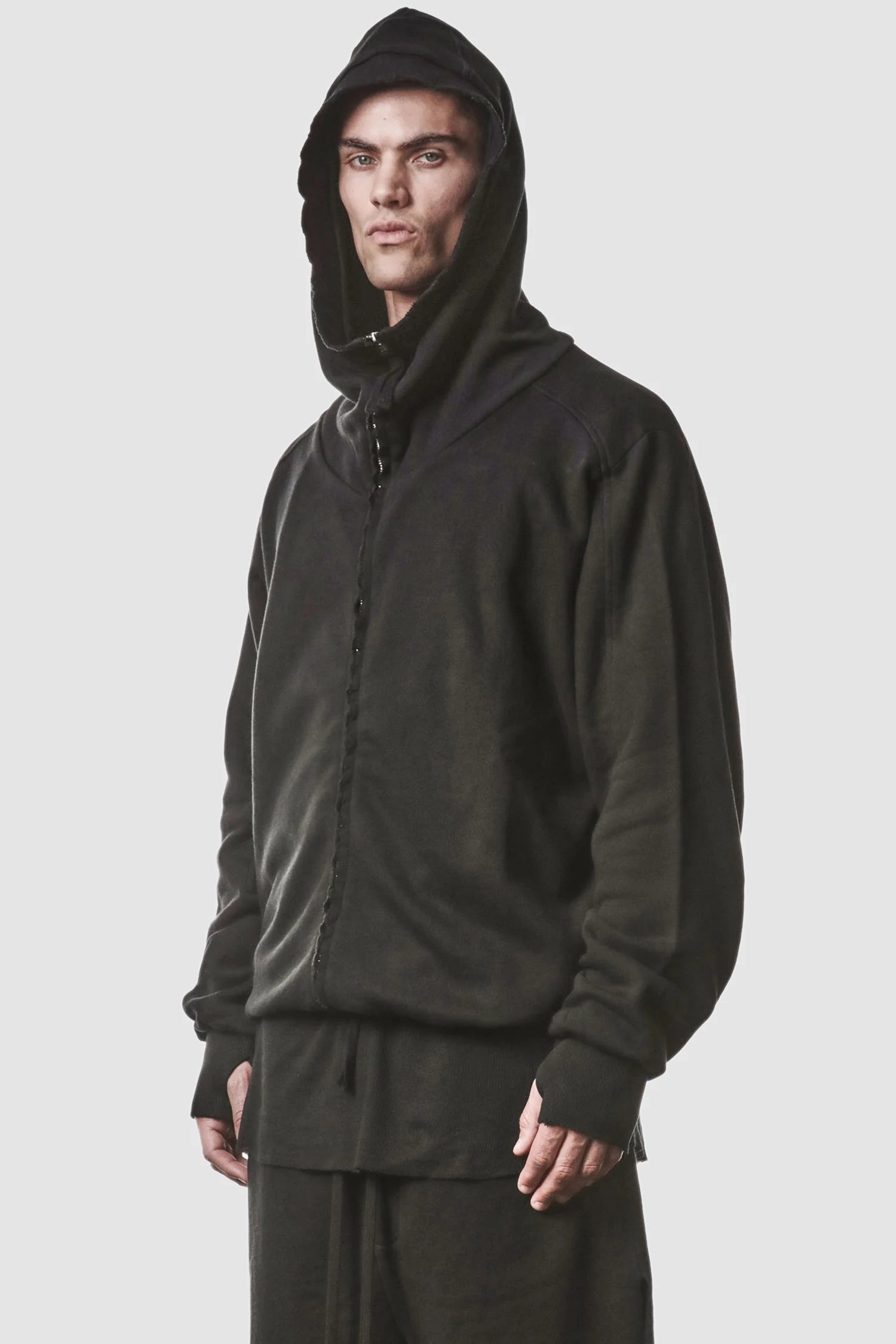 Black Double Layer Cotton Hooded Zip-Sweater