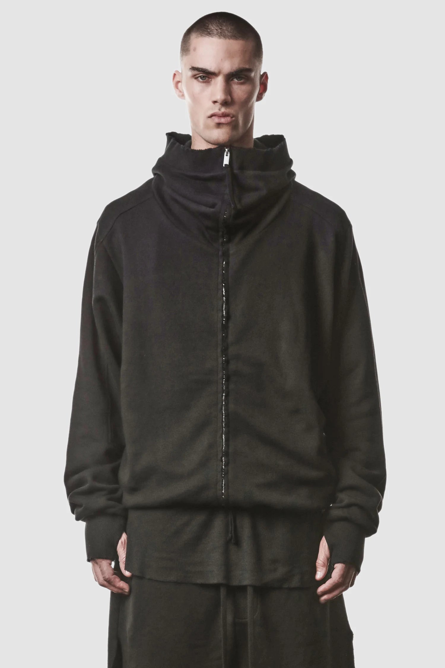 Black Double Layer Cotton Hooded Zip-Sweater