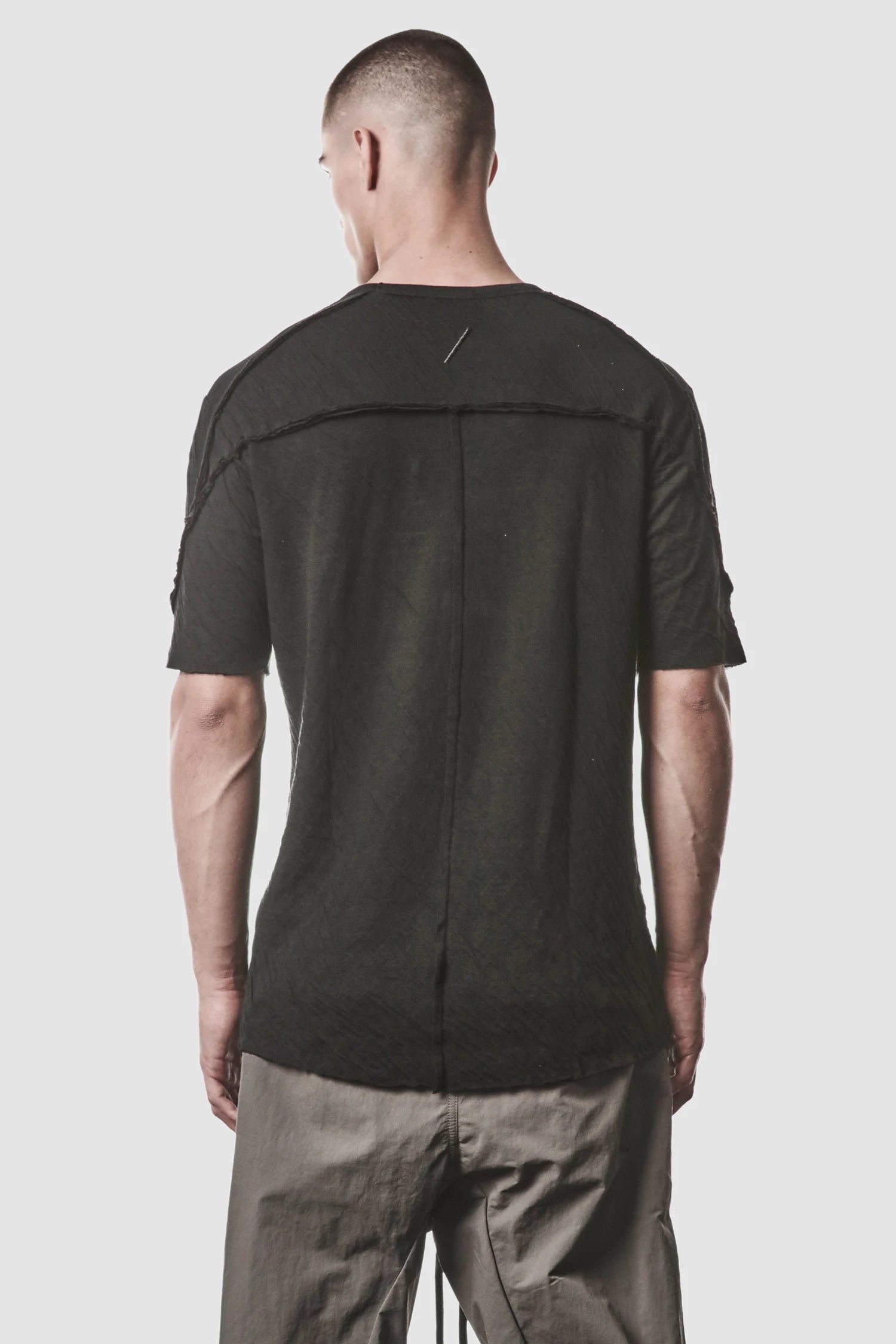 Thom Krom - model back view of men’s Black Bonded Double Layer Cotton T-Shirt