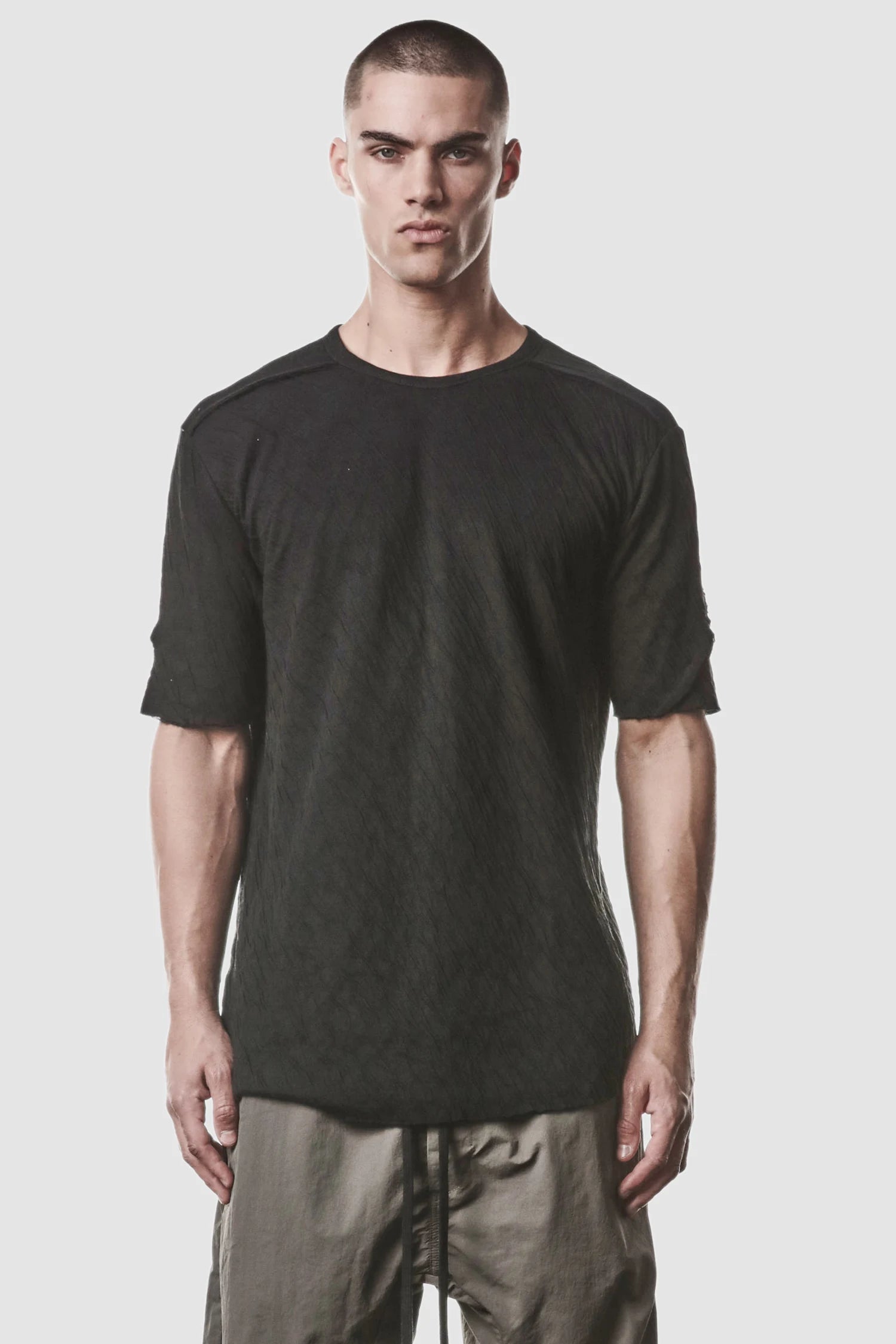 Thom Krom - model front view of men’s Black Bonded Double Layer Cotton T-Shirt