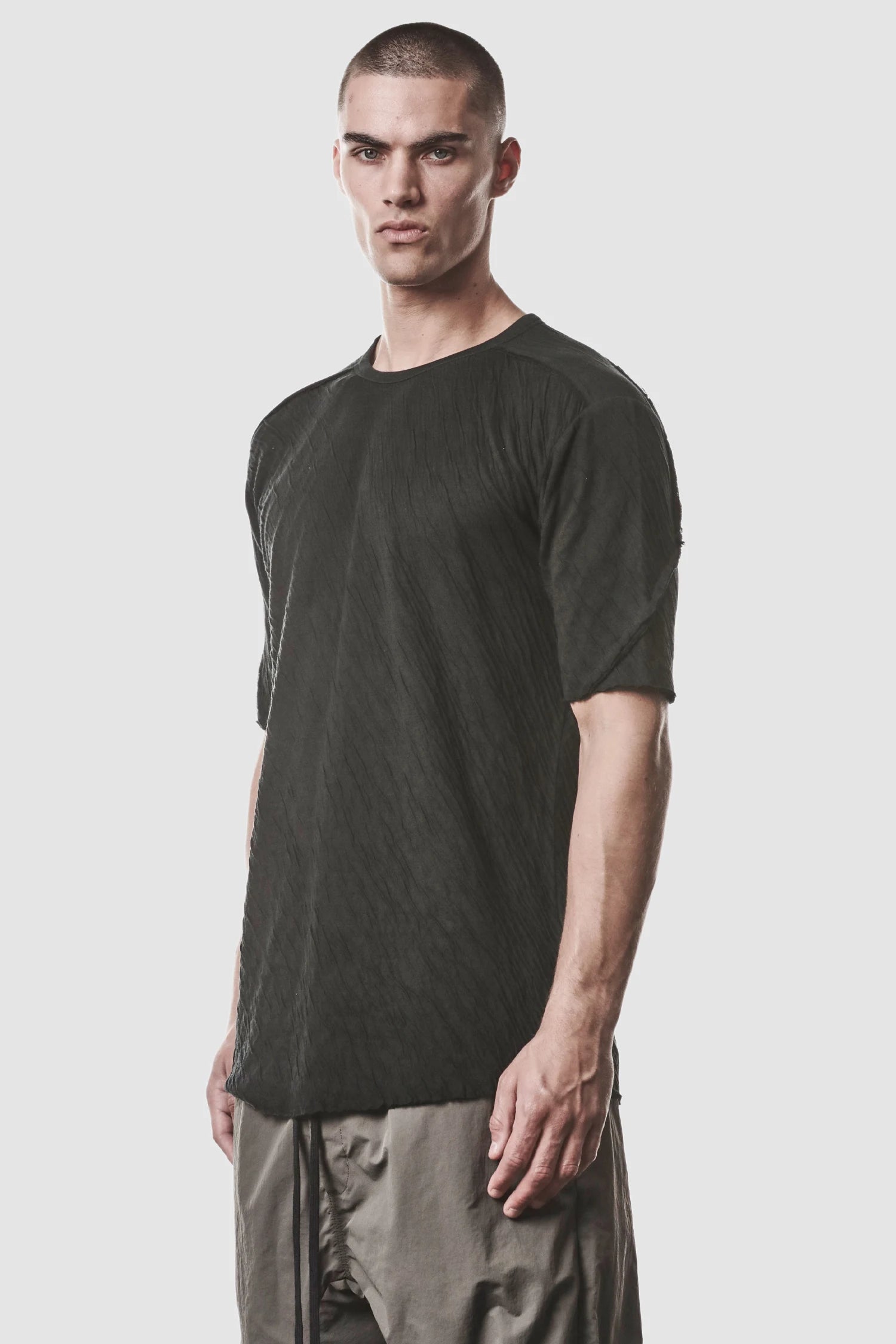 Thom Krom - model front side view of men’s Black Bonded Double Layer Cotton T-Shirt