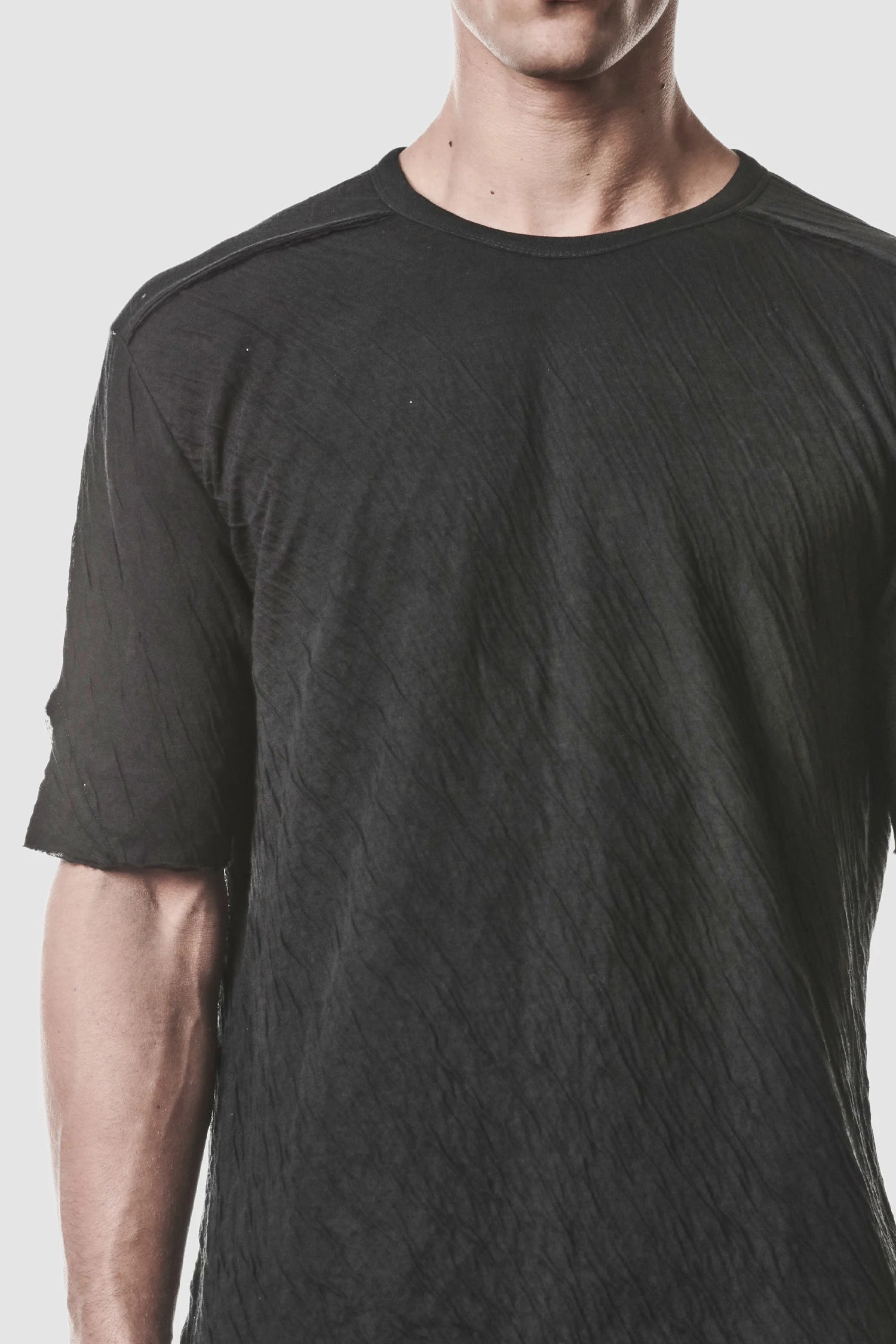 Thom Krom - model front detail view of men’s Black Bonded Double Layer Cotton T-Shirt