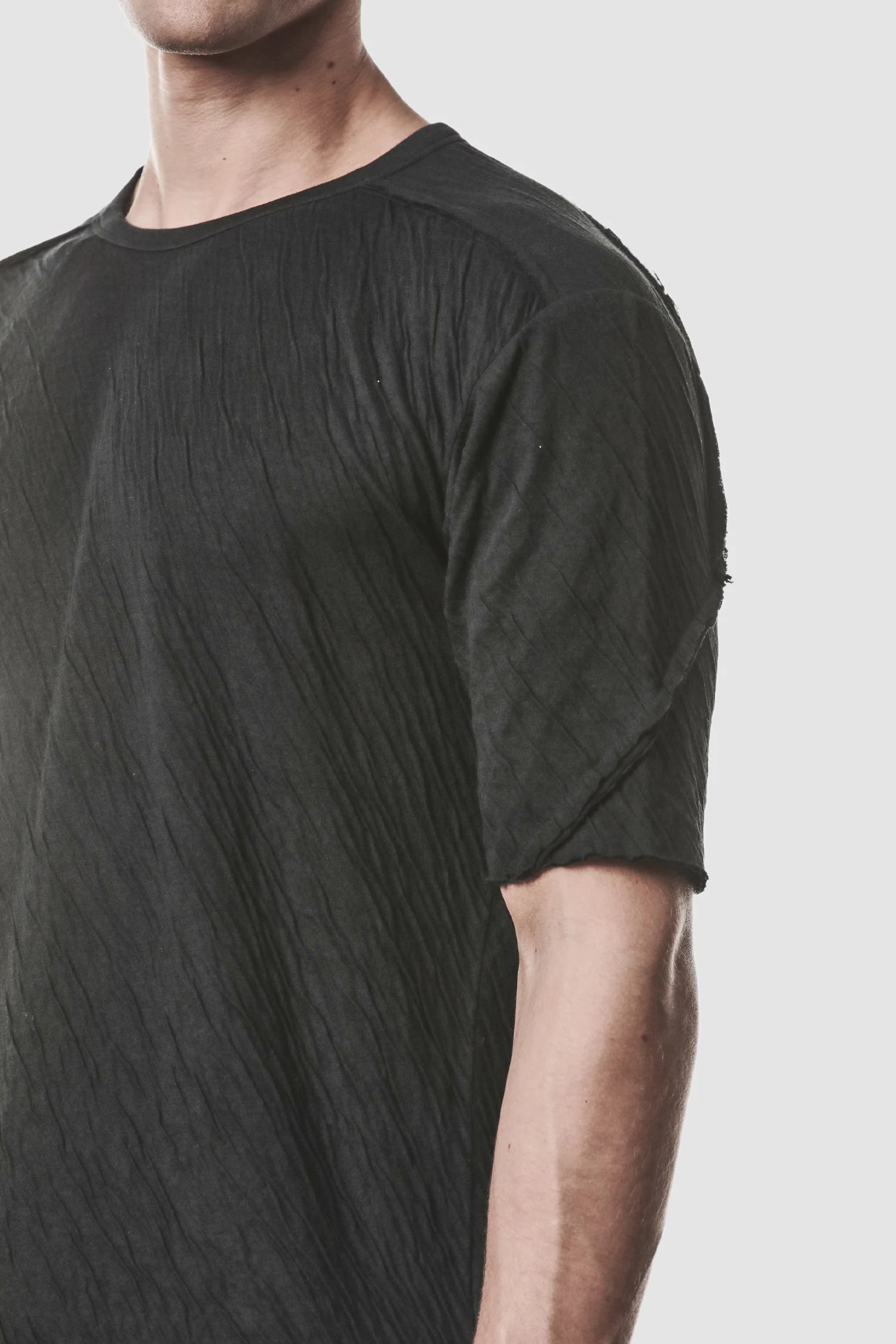 Thom Krom - model shoulder detail view of men’s Black Bonded Double Layer Cotton T-Shirt