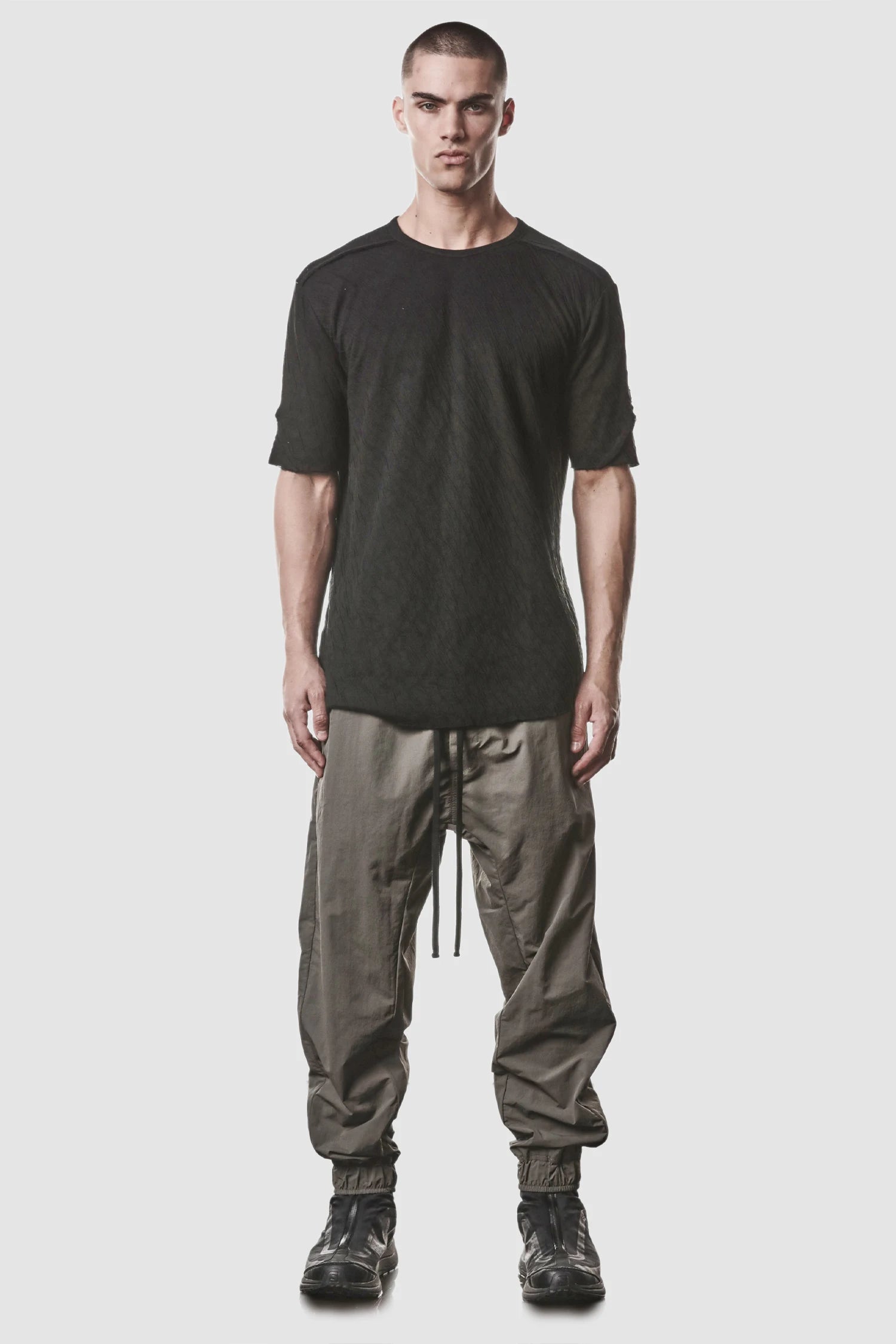 Thom Krom - model front full view of men’s Black Bonded Double Layer Cotton T-Shirt