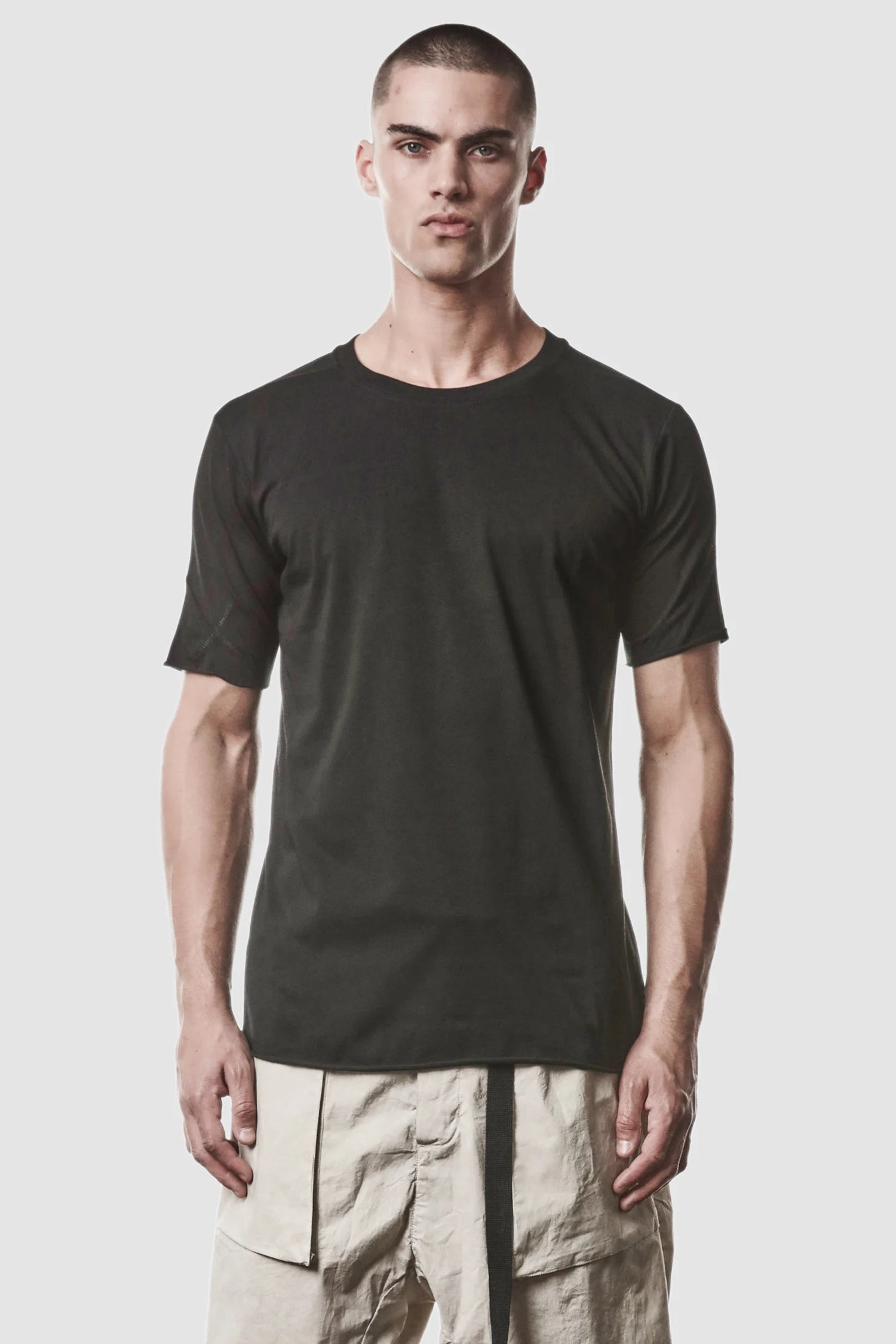 Thom Krom - model front view of men’s Black Round Neck Cotton T-Shirt