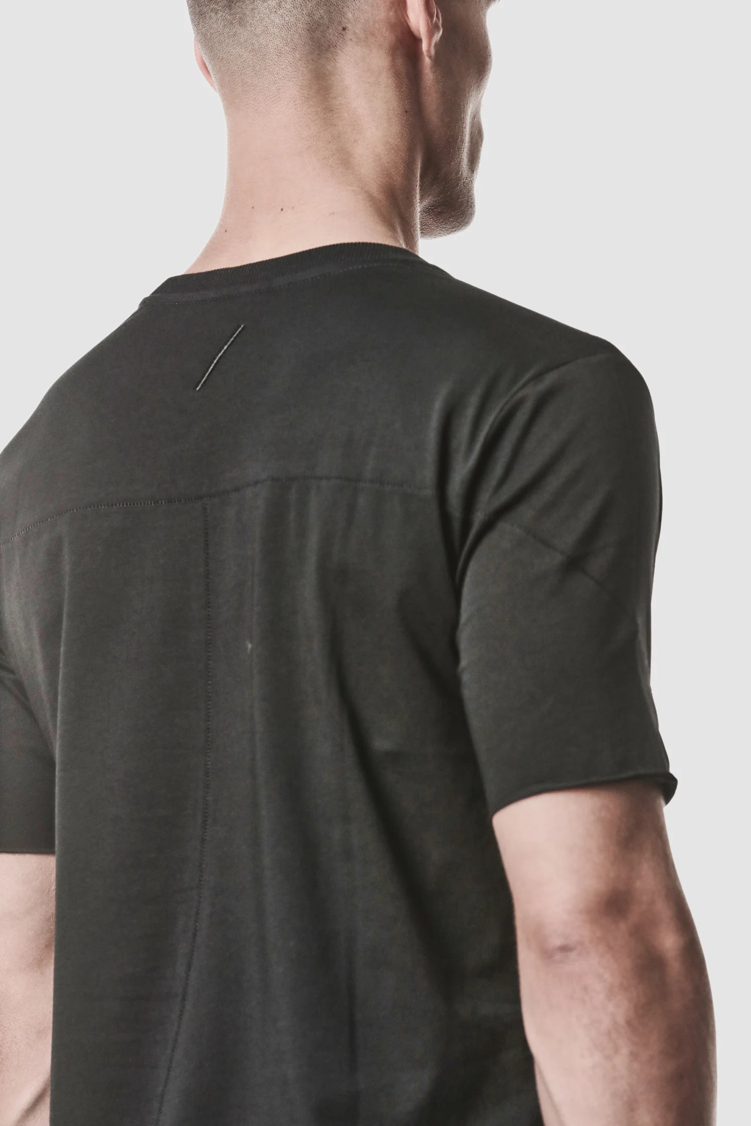 Thom Krom - model back detail view of men’s Black Round Neck Cotton T-Shirt