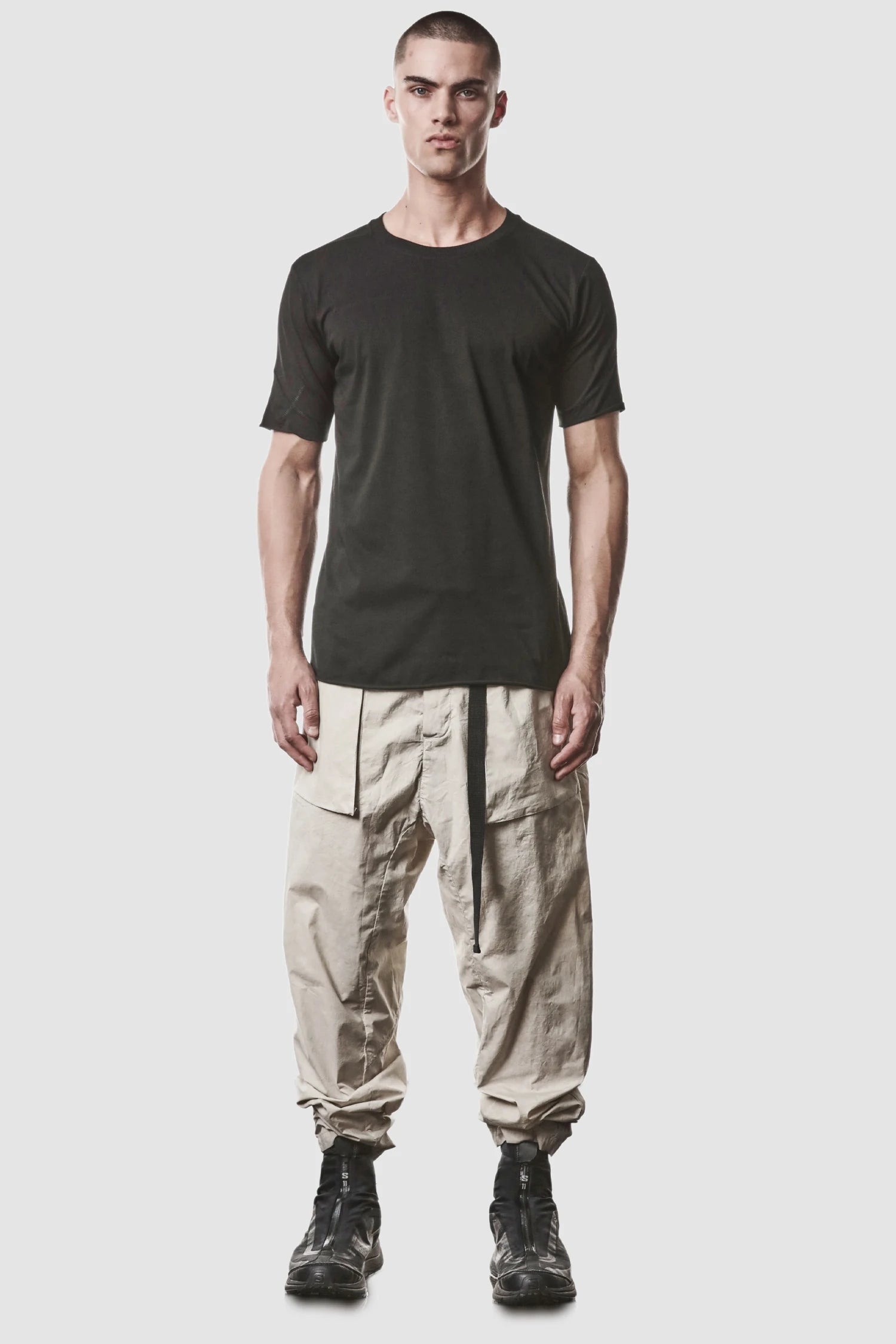 Thom Krom - model front full view of men’s Black Round Neck Cotton T-Shirt