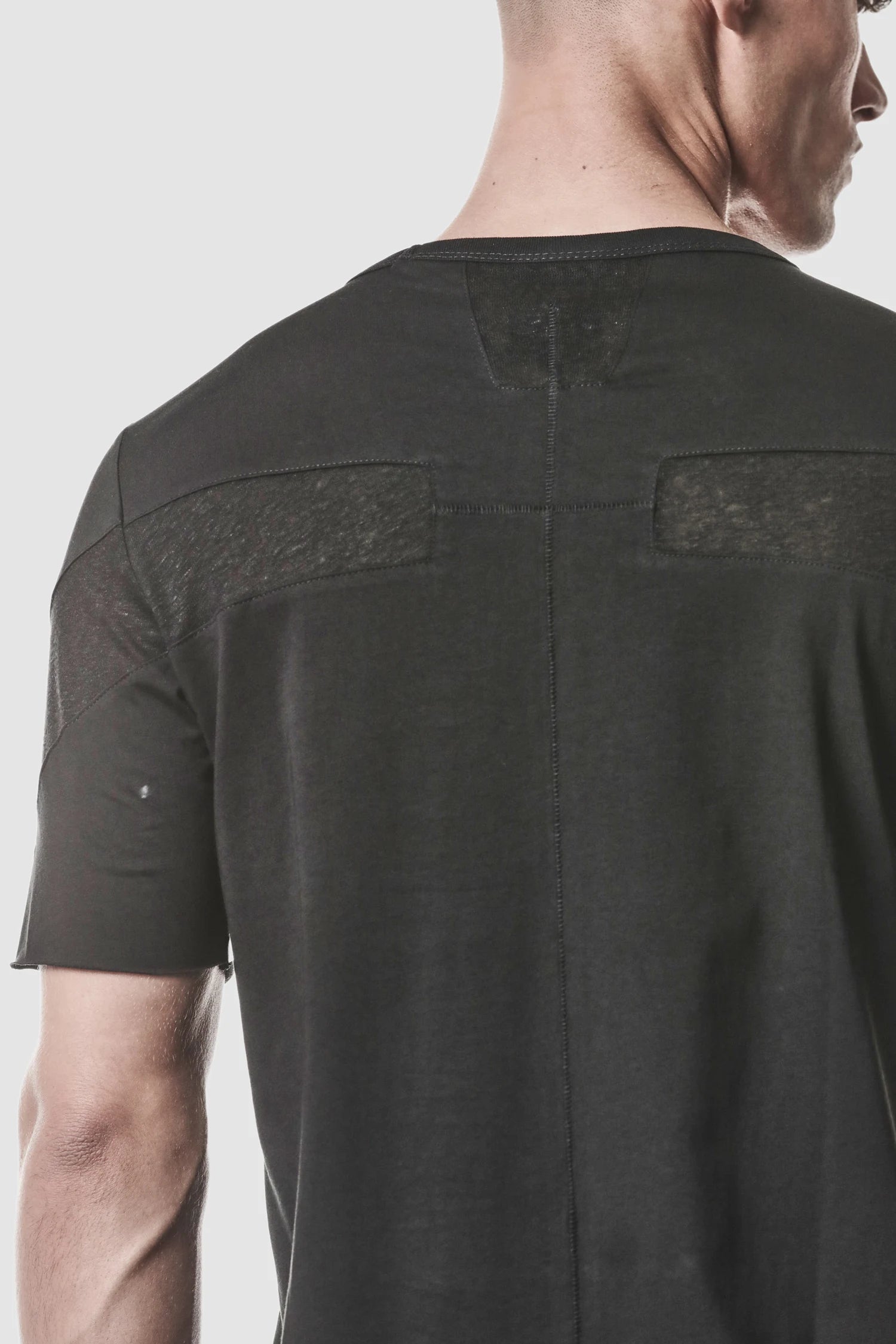 Thom Krom - model back detail view of men’s Black Shoulder Panel Cotton T-Shirt
